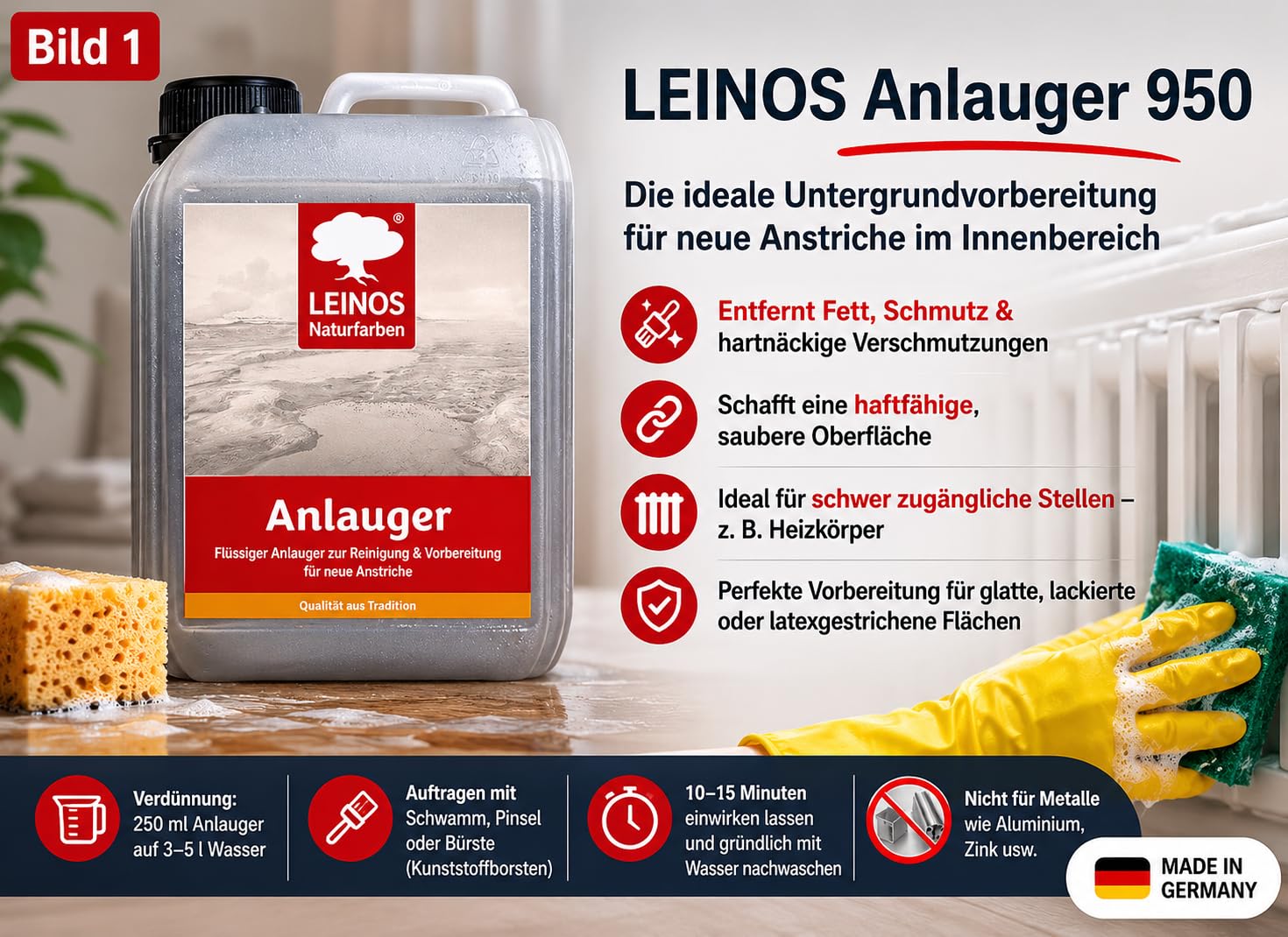 LEINOS 950 Anlauger 2,50 l – Reiniger & Untergrundvorbereitung für geölte, lackierte & latexgestrichene Flächen | entfernt Fett & Schmutz | für Öllack-Anstriche | ideal für unzugängliche Bereiche