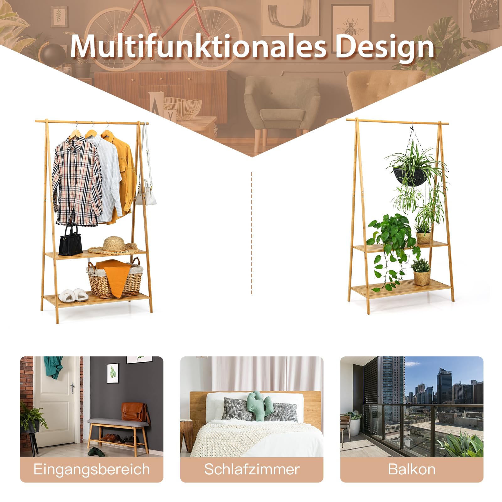 GOPLUS Perchero de Bambú con Estantería de 2 Niveles | Burro de Pie para Colgar Ropa, para Entrada, Dormitorio, Pasillo, 101 x 45 x 160 cm, Natural