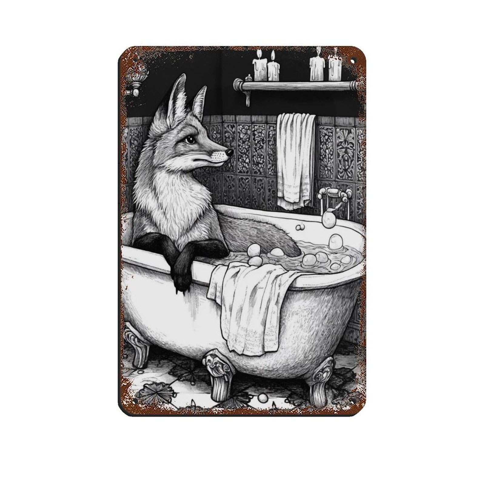 Fox in Black And White,Quirky Animal Poster Retro Poster Metal Tin Sign Chic Art Retro Iron Painting Bar People Cave Cafe Family Garage Poster Wall Decoration 8x12inch(20x30cm)