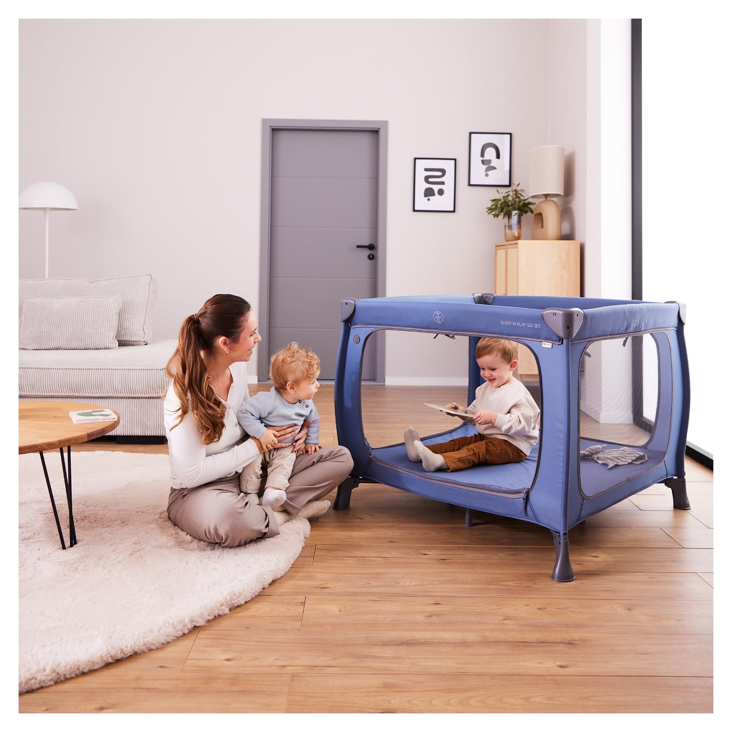 hauck Sleep N Play SQ Set de Cuna de Viaje y Parque Infantil Bebe - Cuna Gemelar con Colchón desde el Nacimiento, Corralito XL Plegable, Parques Infantiles Bolsa de Transporte Incluida - Azul