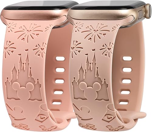 Girovo Paquete de 2 correas de dibujos animados compatibles con Apple Watch de 384041424445461.929 in para mujer, correa de silicona suave grabada