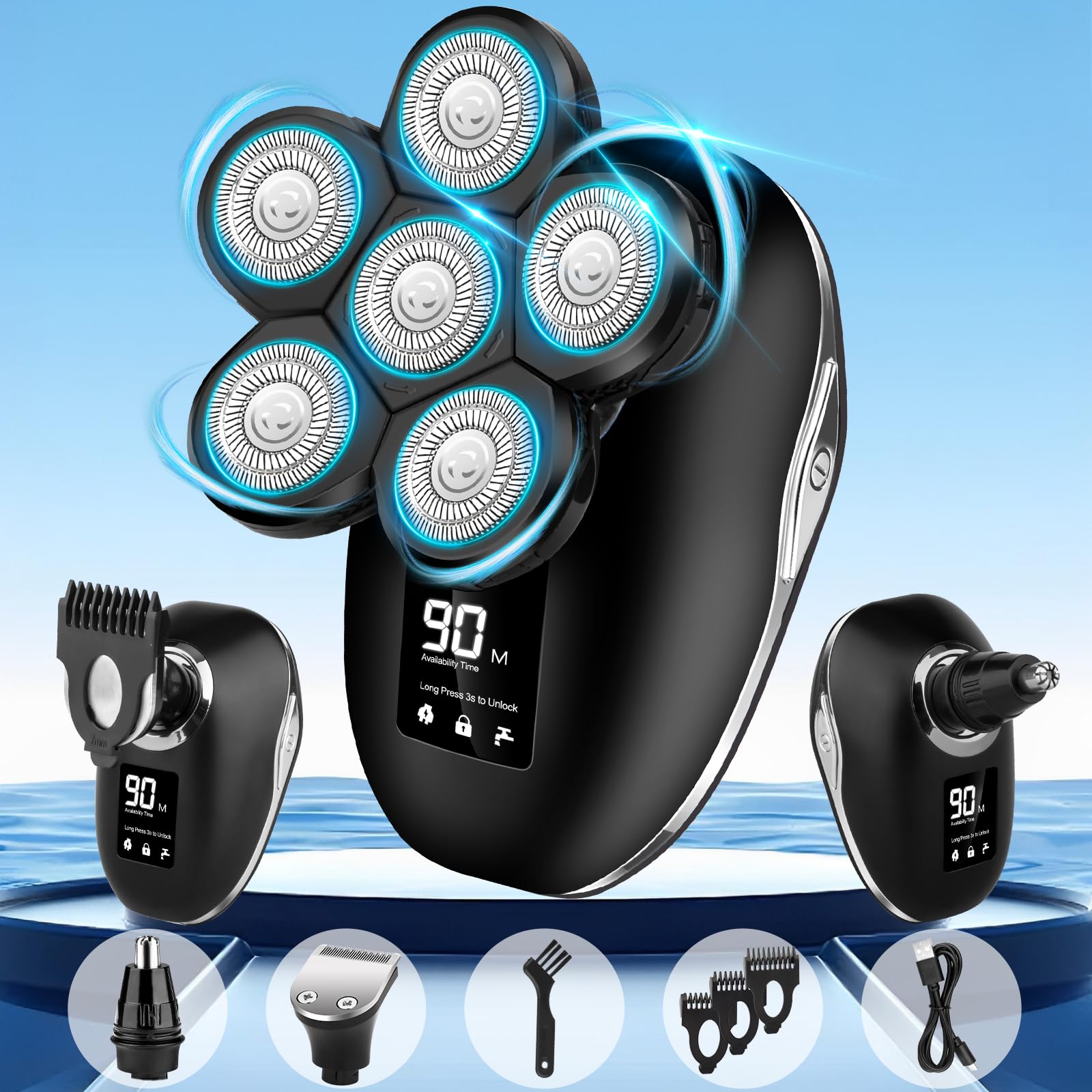 Head Shaver, Upgrade 6 in 1 Electric Head Shaver for Bald Men, IPX7 Waterproof Cordless Rotary Razor with LED Display, Face Head Shaver with Nose Hair Sideburns Trimmer(Silver)