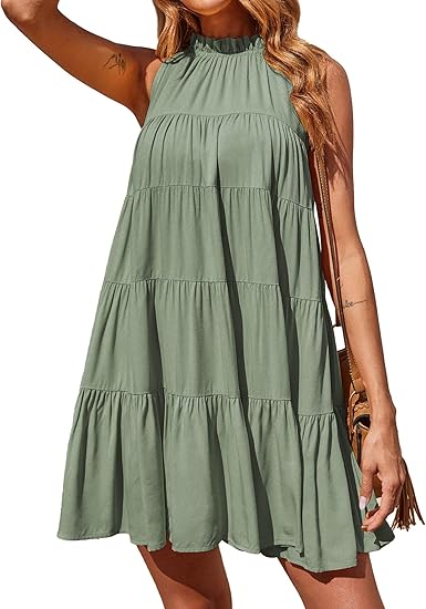 Okiwam Womens Summer Halter Dresses Sleeveless A Line Tiered Swing Mini 2025 Fall Casual Boho Beach Vacation Sundress