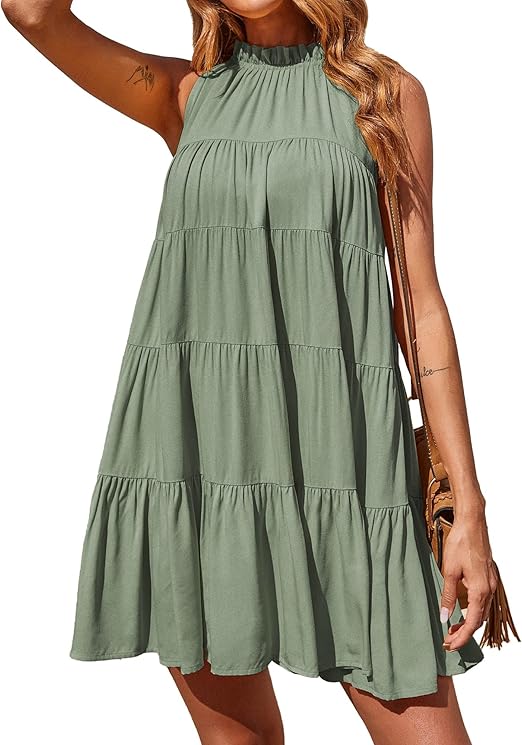 Okiwam Womens Summer Halter Dresses Sleeveless A Line Tiered Swing Mini 2025 Fall Casual Boho Beach Vacation Sundress