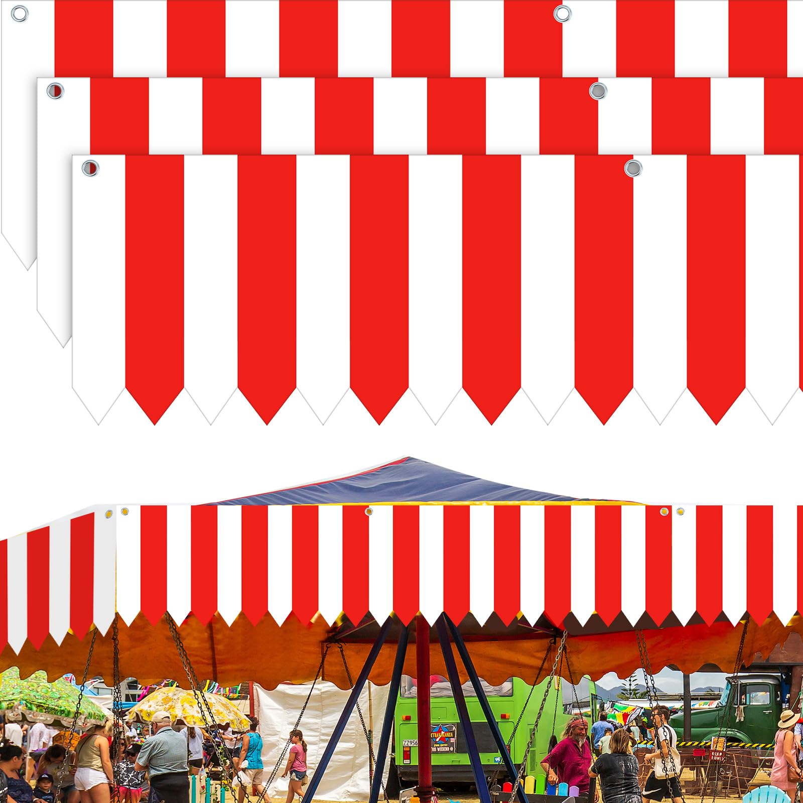 Carnival Tent Circus Theme Party Decorations White and Red Striped Circus Awning Decor 3D Awning Circus Tent Canopy for Mardi Gras Theme Party Decor, 9.84 x 78.74 Inch(3 Pcs)-image-14