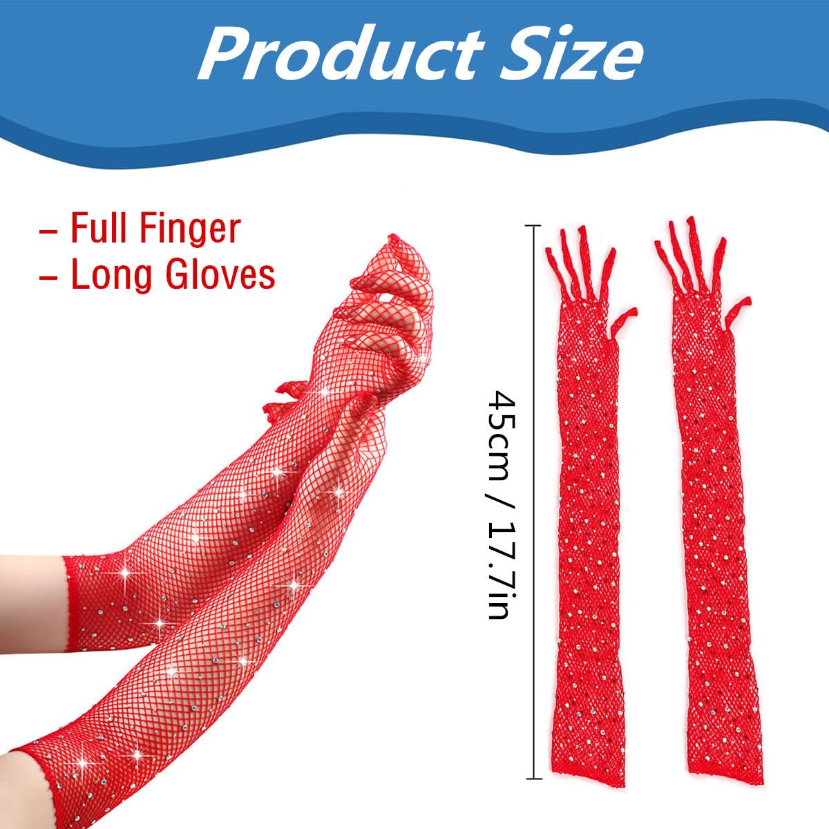 TouKingda Women's Sparkly Mesh Fingerless & Long Fish Net Gloves, 2 works - Red, AS - Image 2