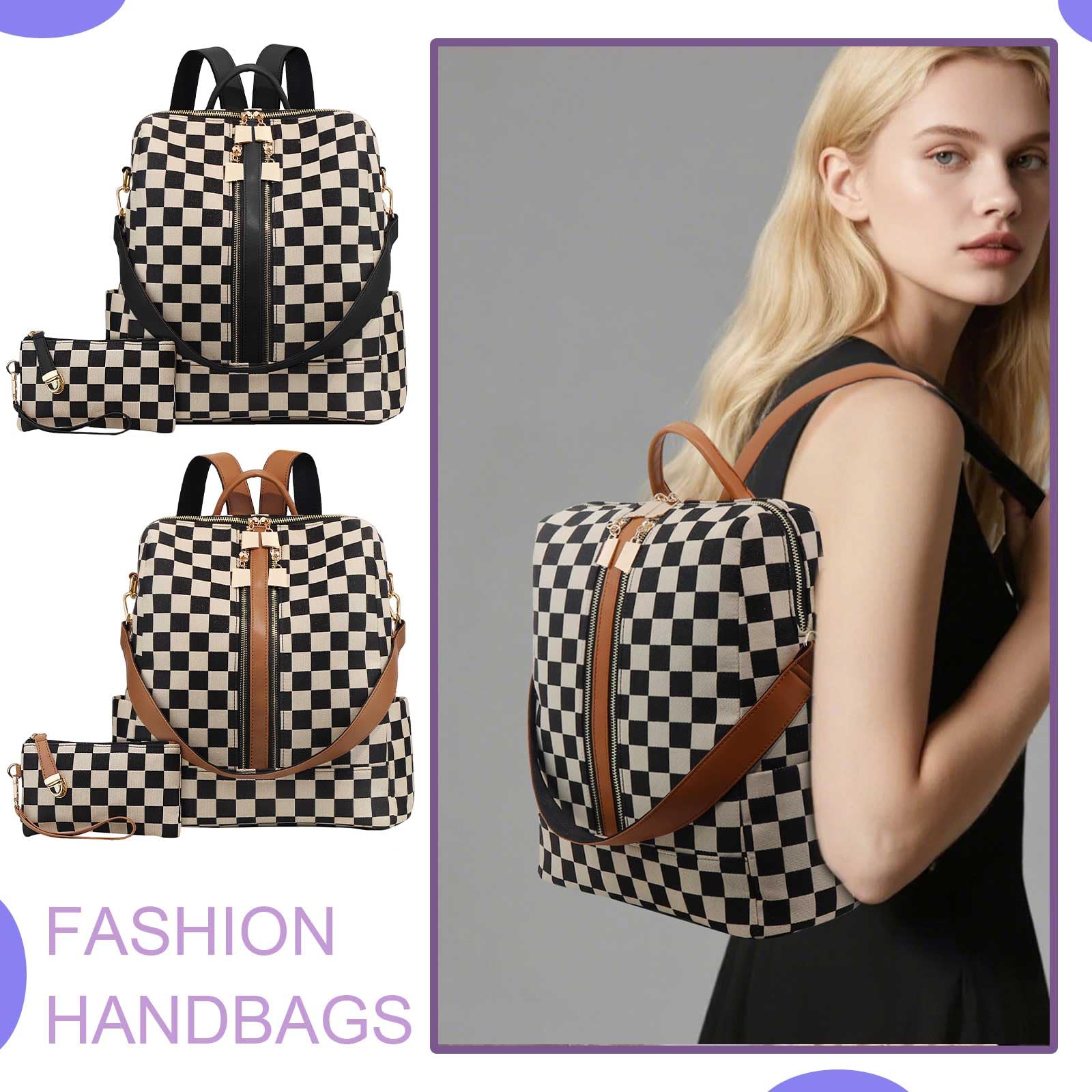 Mochila bandolera de cuadros para mujer, bolso de PU de gran capacidad, mochila escolar con cierre de cremallera, estilo versátil para compras y actividades al aire libre, ideal para trabajo