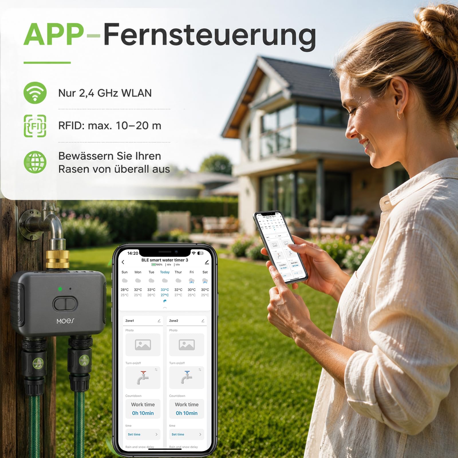 Bewässerungscomputer WLAN 2 Ausgänge für Gartenbewässerung,Messing-Einlass