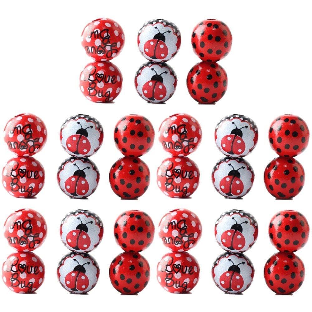 Hrippy 30pcs Ladybug Print Wood Round Beads 16mm Crafts Spacer Beaded Wooden Beads for Jewellery Making Diy Necklace Bracelet Earring