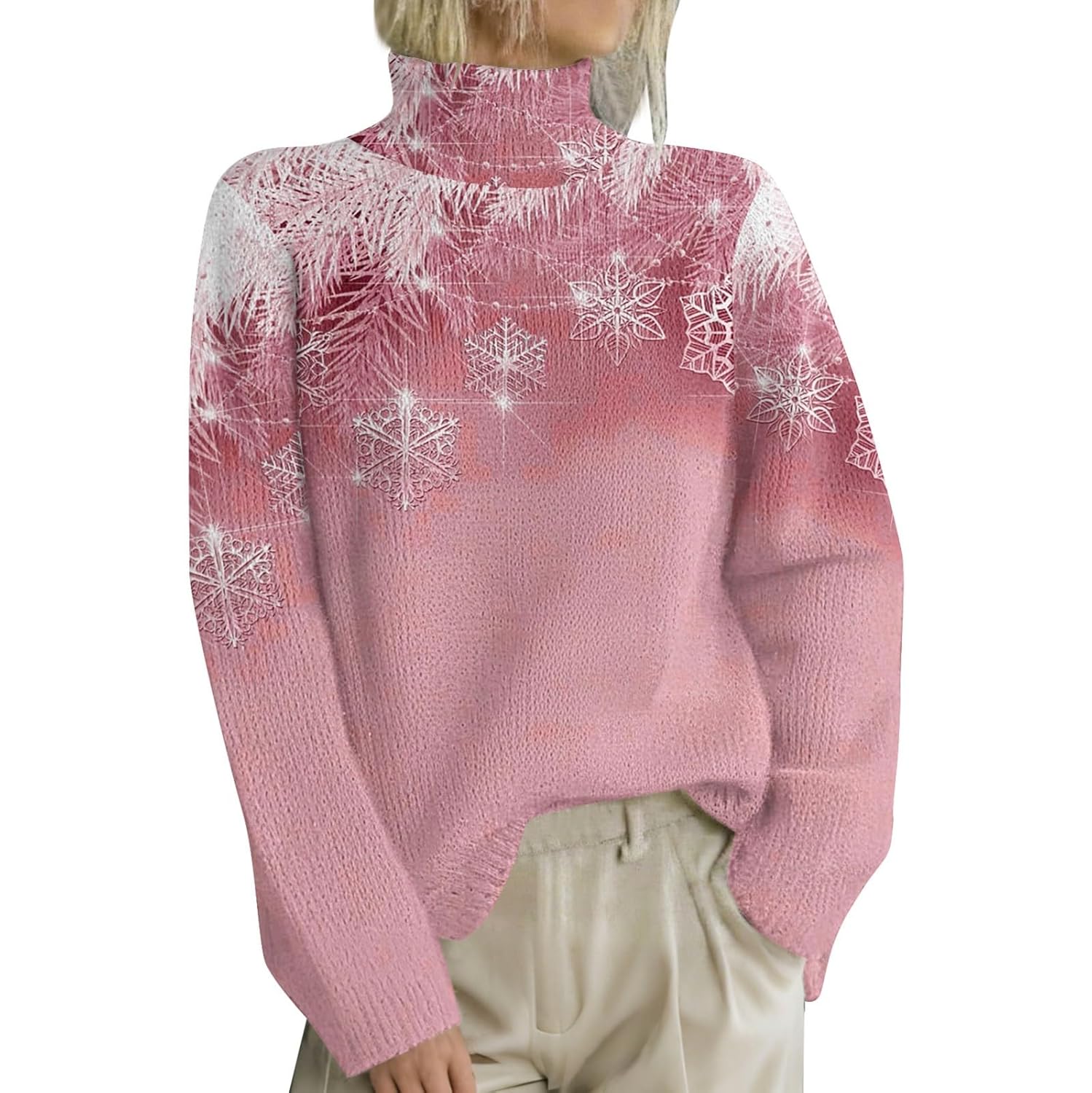 Heevina Christmas Sweater Women Snowflake Tree Knitted Knit Turtleneck High Neck 2025 Pullover Xmas Holiday Winter