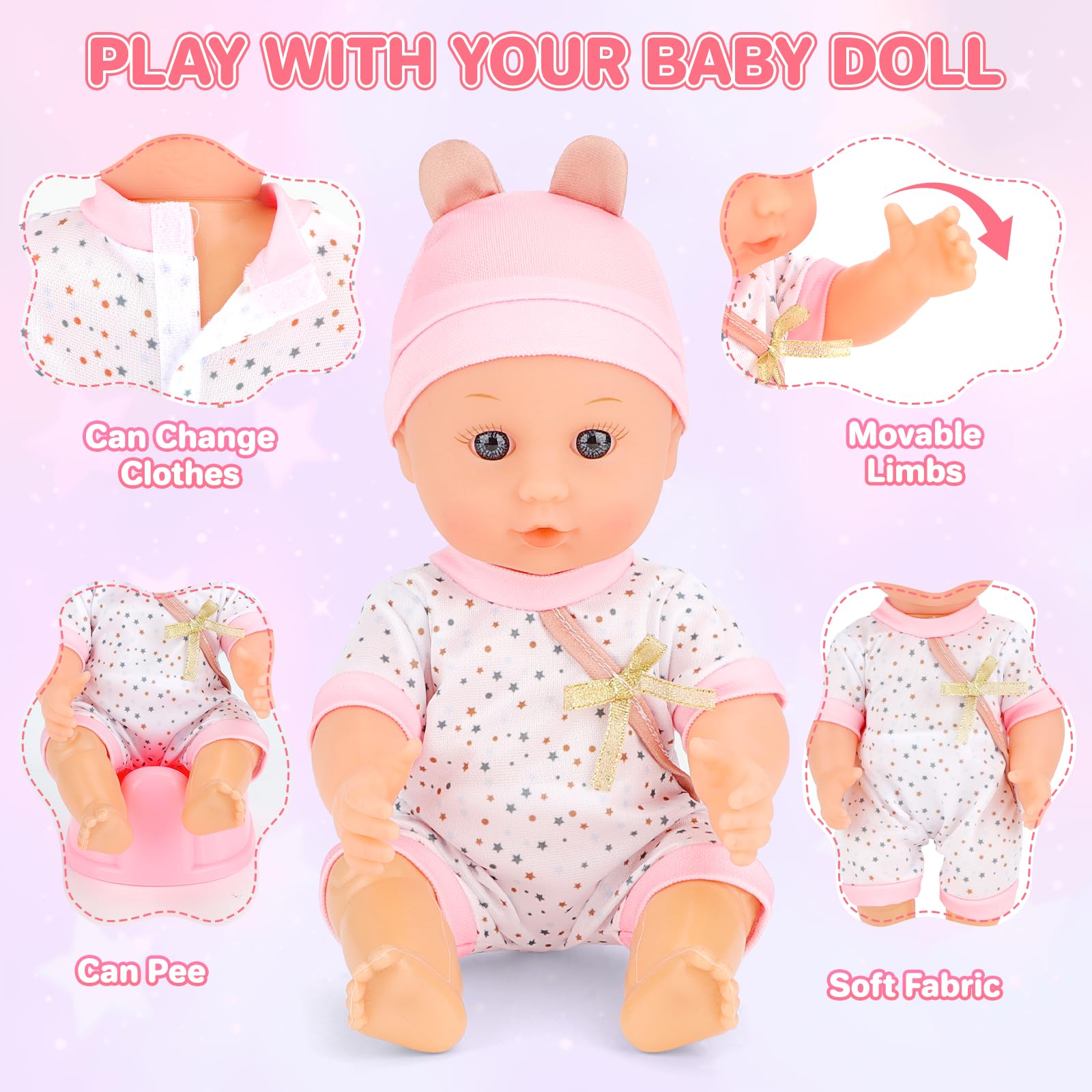 deAO Bambola con Accessori Set 21 Pezzi, Regalo per Bambine 3 Anni | Seggiolone, Lettino a Dondolo, Bambola Baby da 30 cm, Biberon, Ciuccio, Pannolino, Stoviglie, Vestitini, Gioco di Ruolo