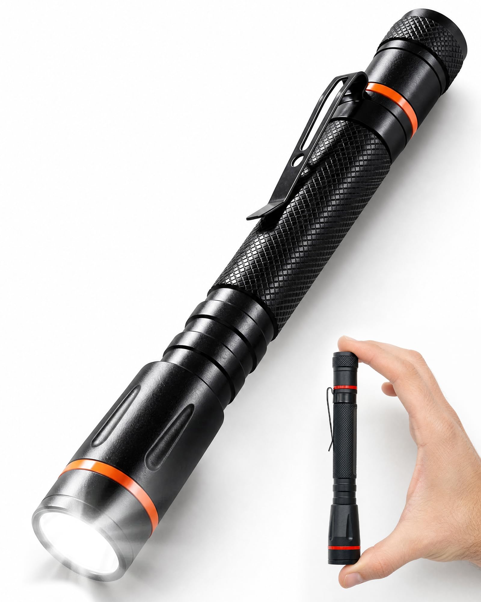 Torch Battery Powered, Small LED Flashlight with Clip, 2 Modes, IPX4 Waterproof, Zoom Function, Anti-Slip Aluminum Body for Camping, Emergency, Walking-Dog and Power Cut (AAA Batteries Not Included)