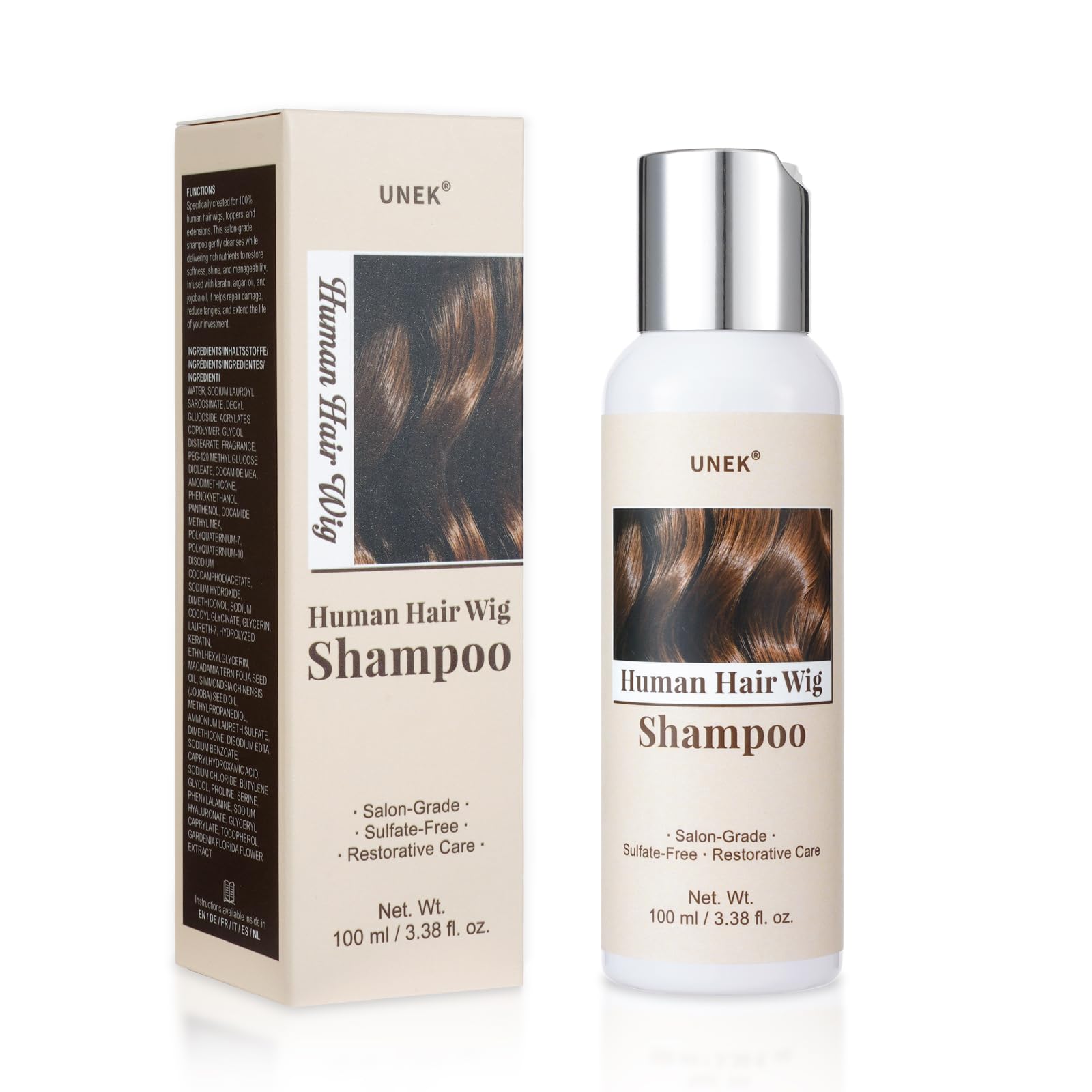 UNEK Champú para extensiones y pelucas de cabello natural: limpia, desenreda y suaviza, aporta brillo y volumen con sensación refrescante, para pelucas, extensiones, uniones y tupés, 100 ml