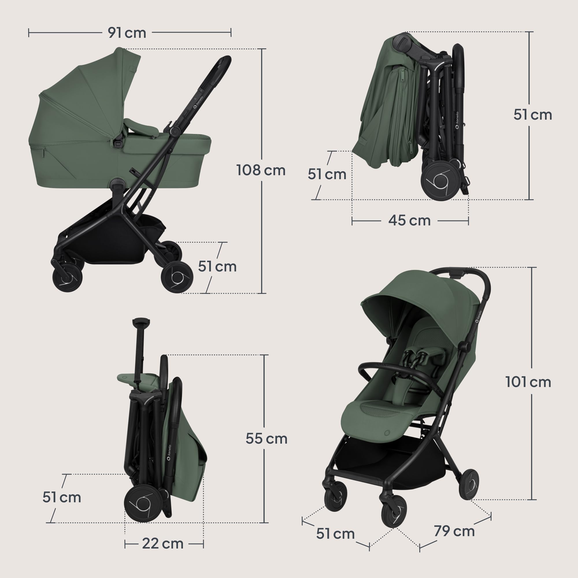 Lionelo Sia Flex Passeggino 2 in 1 (0-4 anni, 0-22 kg) Navicella Pieghevole | Ultraleggero, Compatto da Città, Chiusura con una Mano, UPF50+, Ventilazione 3D, Fibbia Magnetica, Posizione Sdraiata