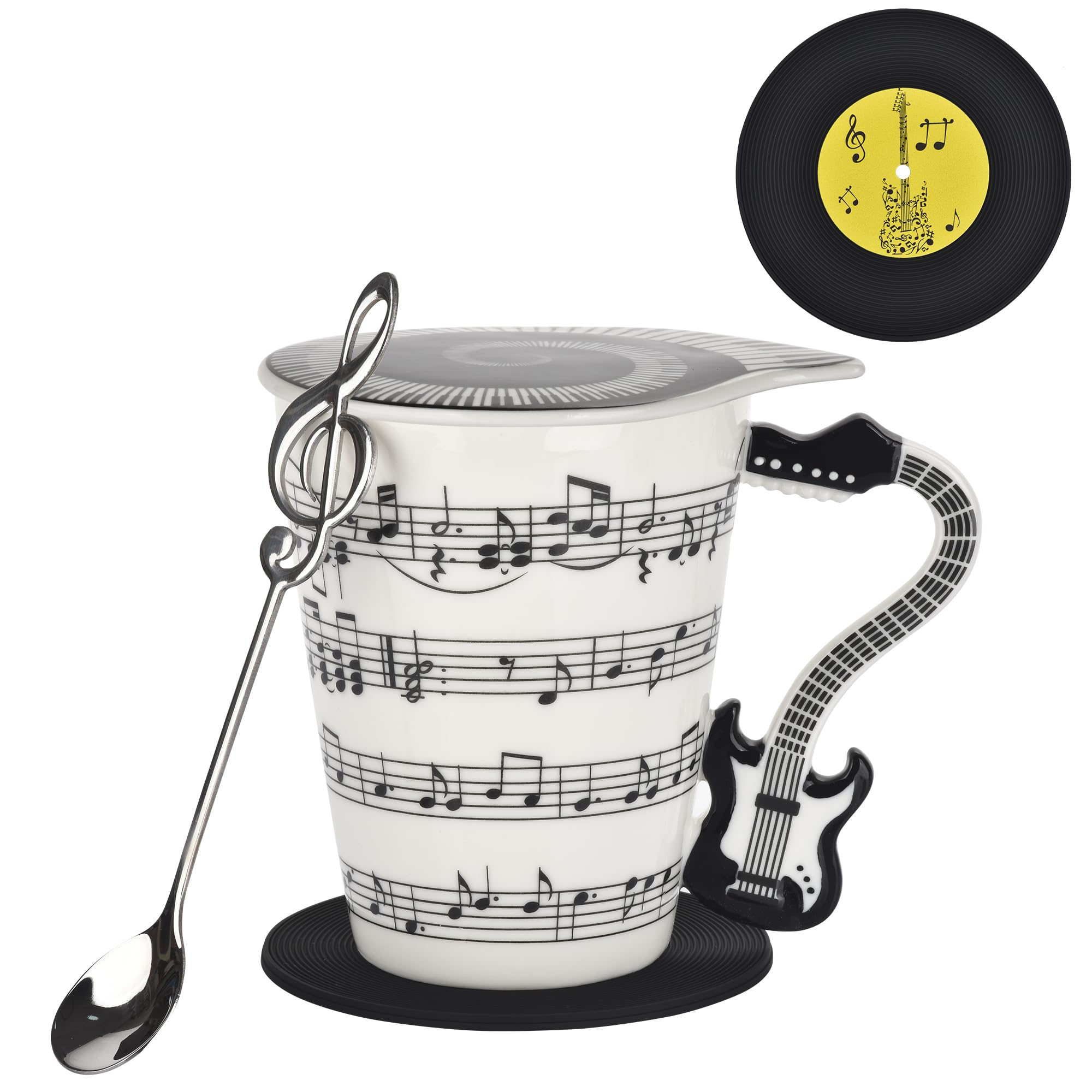 BUYNEEDGuitar Novelty Mug Unique Musical Gift Coffee Cup with Music Themed Lid & Guitar Handle with Coaster & Spoon,Christmas Birthday Gifts for Music Lovers, Music Teacher Gifts,Women,Men (Black)