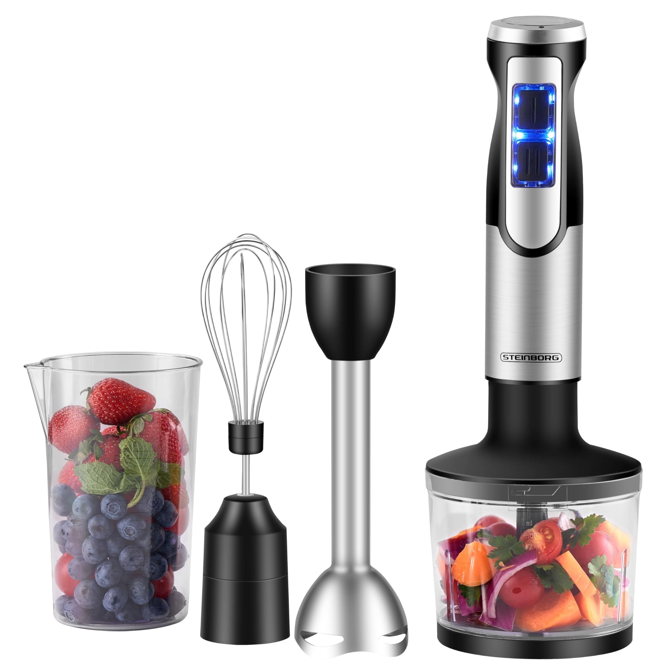 Steinborg® Stabmixer Set 1.200 Watt Edelstahl Pürierstab Schneebesen Zerkleinerer - 500 ml Mixbehälter Edelstahl Turbofunktion Handmixer Pürierer Multizerkleinerer