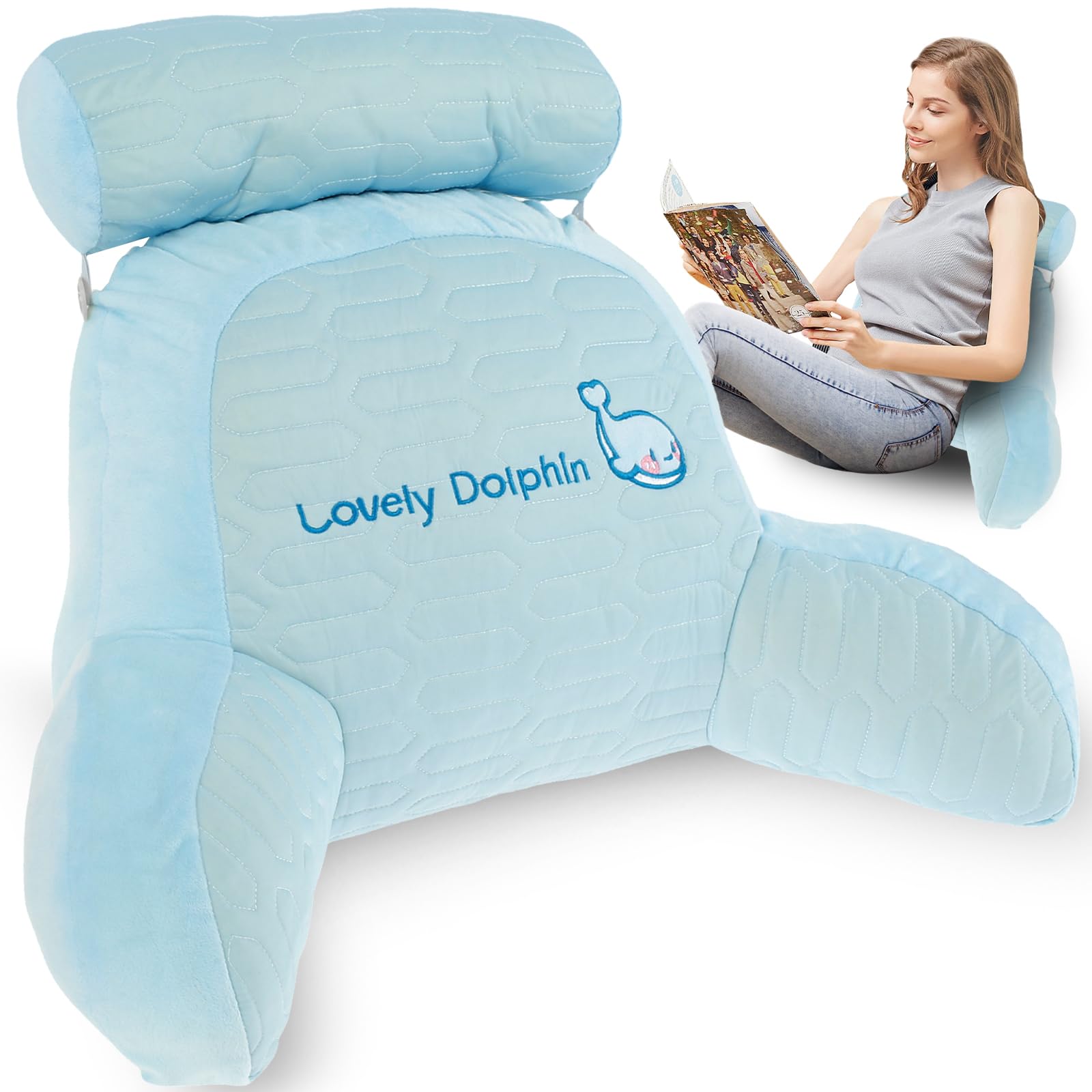 Reading Pillow for Bed Lovely 2 In 1 Soft Reading Cushion for Bed Back Support with Support Arm Detachable Backrest Pillow Washable Support Rest Pillow for Reading Watching TV (Dolphin, 70 CM)