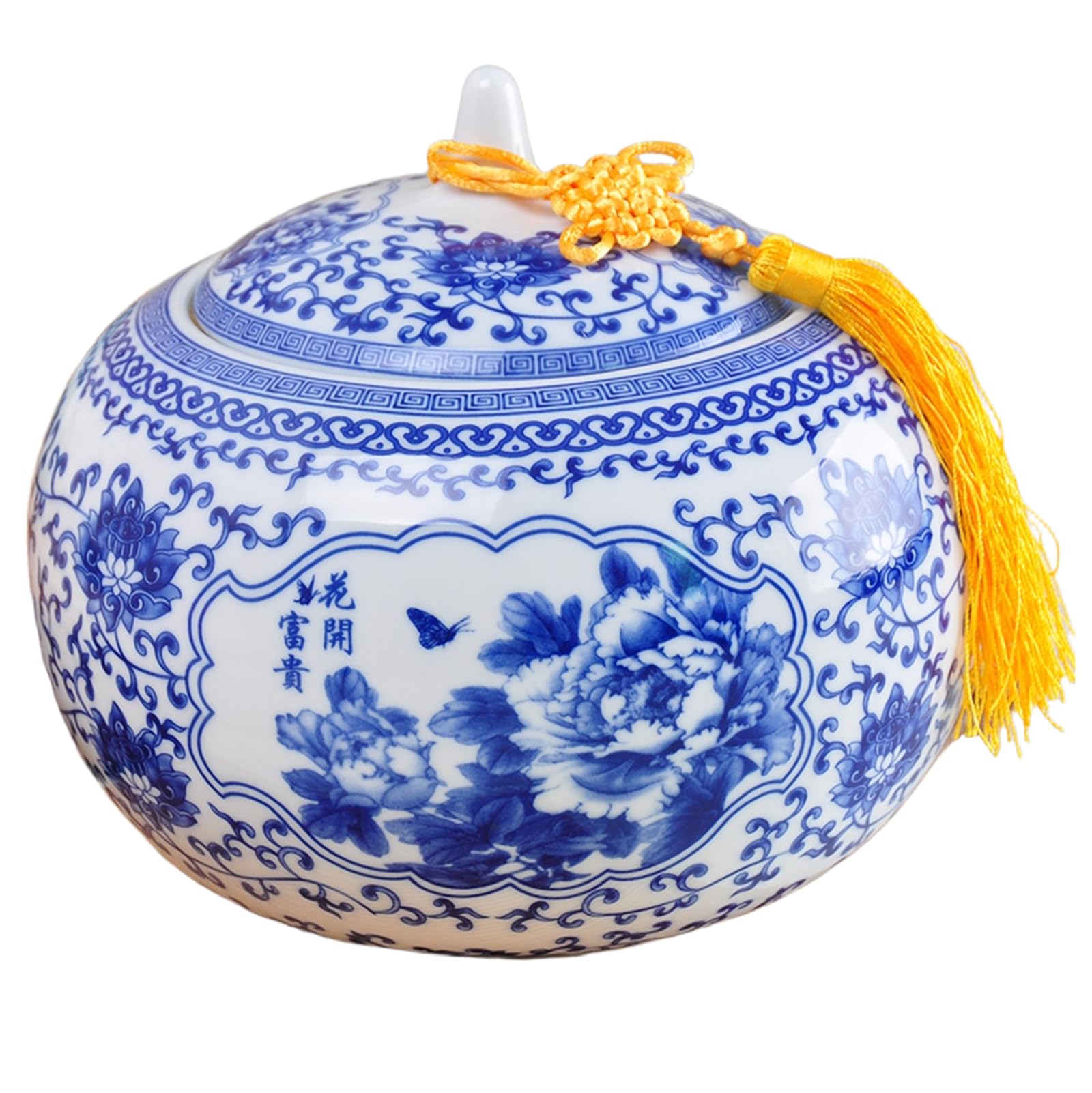 Grande urna per ceneri umane, grande urna in ceramica per animali domestici, barattolo sigillato in ceramica da 3650 ml, con motivo dipinto a mano blu e bianco (giallo, 22 cm)
