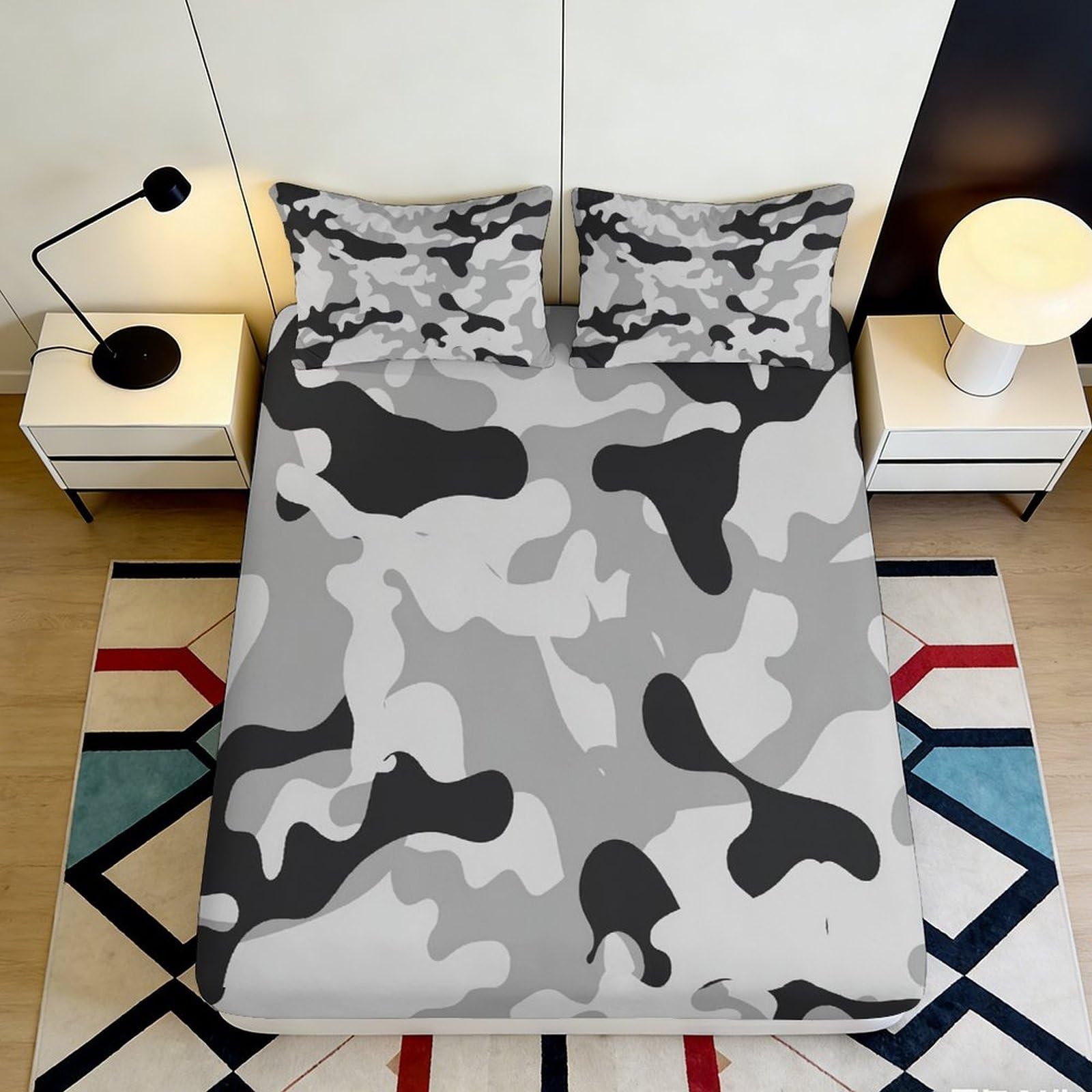 Jqzkxnhpbr Style-5 3D Printed Grey Camouflage Fitted Sheet Microfiber Soft Breathable Black White Camo Bed Cover For Bedroom Dorm Mattress Protection 90X200x25cm