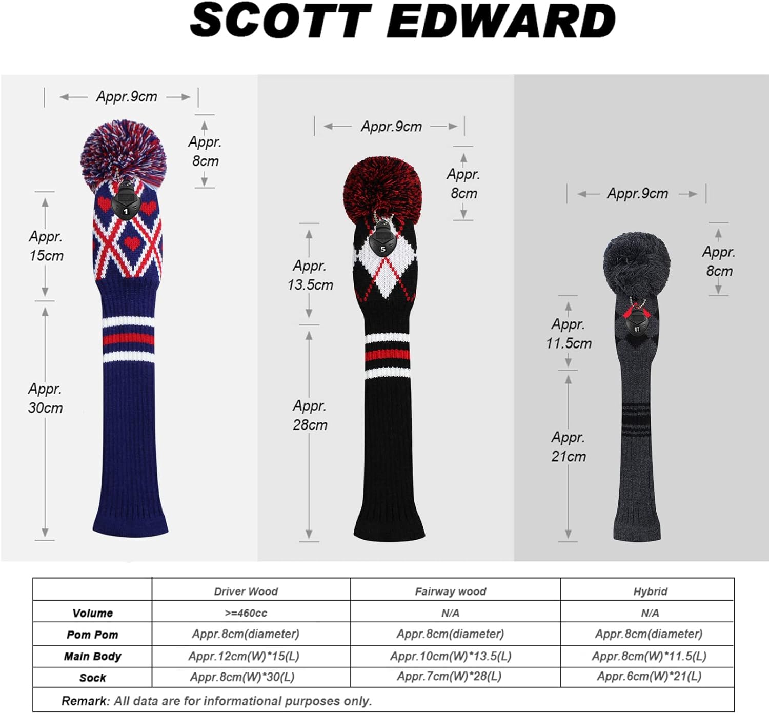 Scott Edward Juego de 4 fundas de cabeza de golf tejidas hechas a mano