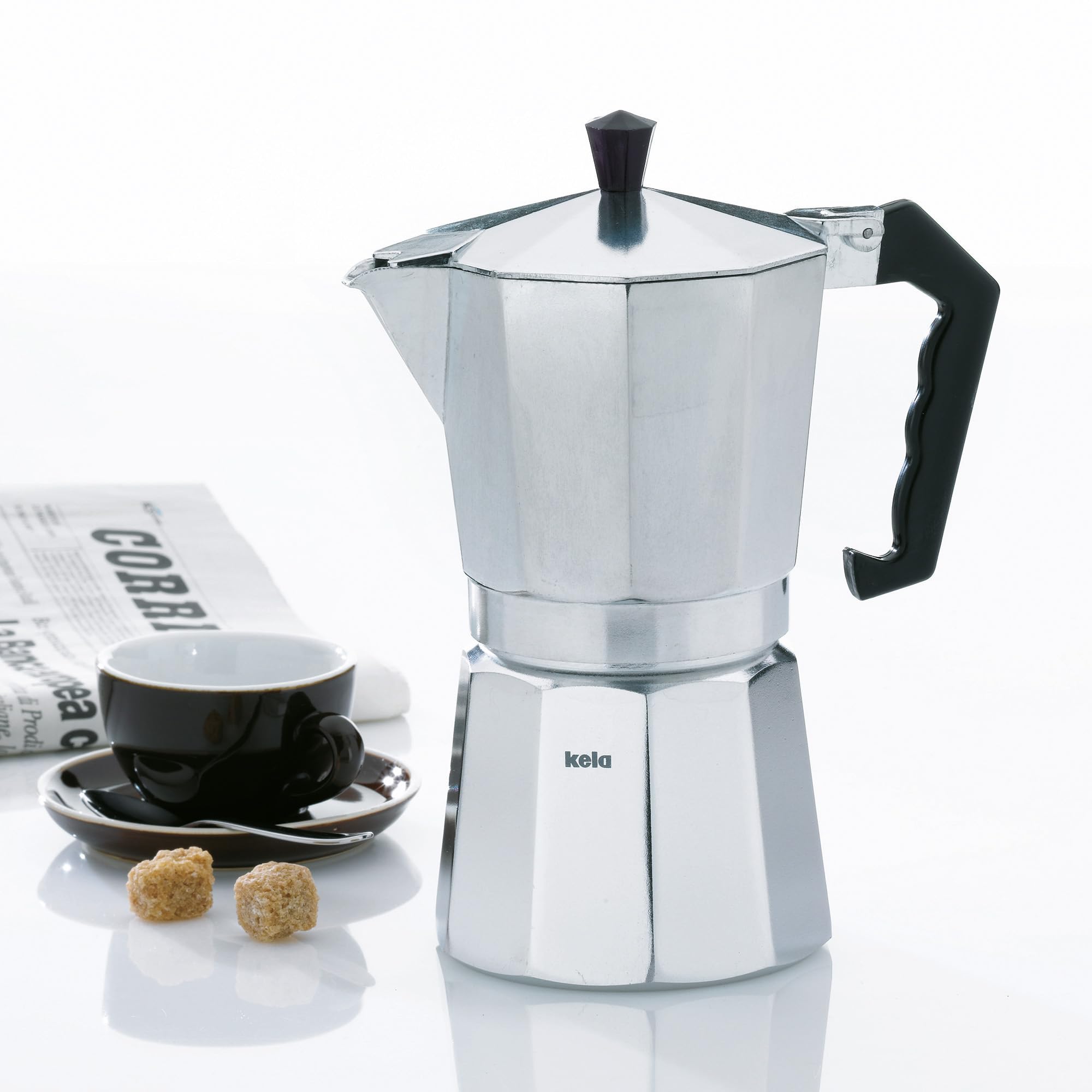 Cafetière Espresso Moka Kela Ferrara 300 Ml - Pour Cuisinière à Induction - Acier Inoxydable Noir - 6 Tasses