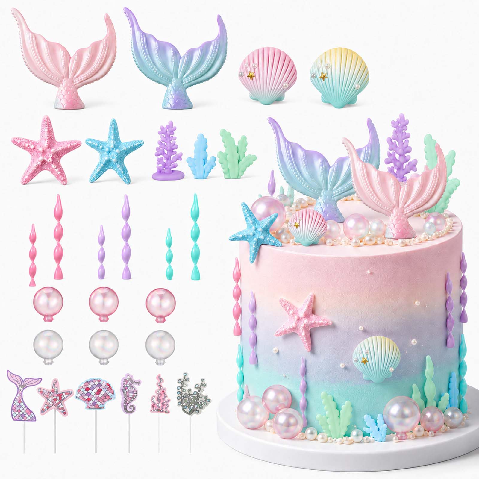 Mermaid Cake Topper Set 27pcs, Under Sea Party Cake Decorations