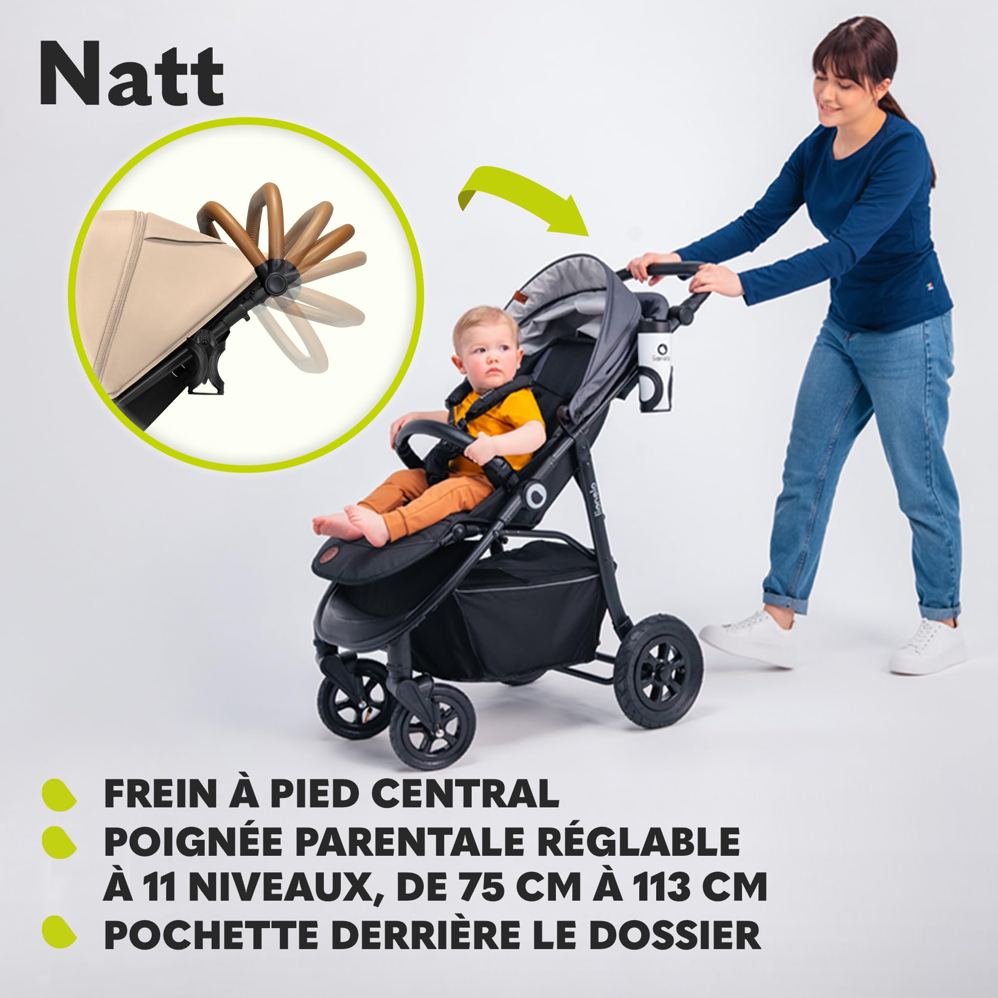 LIONELO Natt Poussette Canne Bébé jusqu’à 22 kg, Réglages de la Poignée et du Dossier jusqu'à la Position Allongée, Ceintures de Sécurité à 5 points, Grandes Roues Tout-terrain Auvent XXL (Beige)