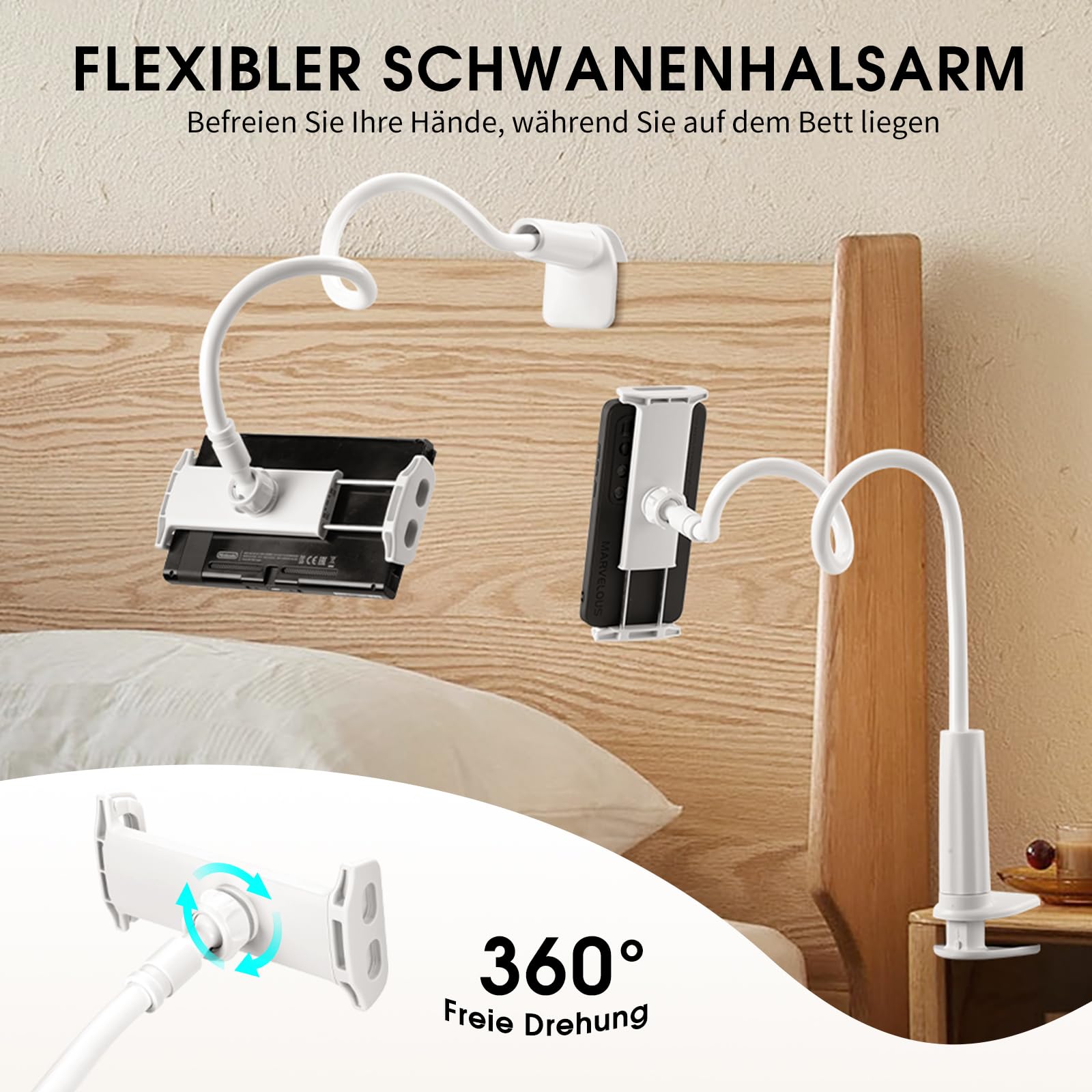 Nintendo Switch Schwanenhals Tisch Halterung, 360° Drehbarer Handyhalterung für Tisch/Bett, Kompatibel mit Switch, iPad 7/8/9 Air, Phone, Geräte 3,5-11 Zoll