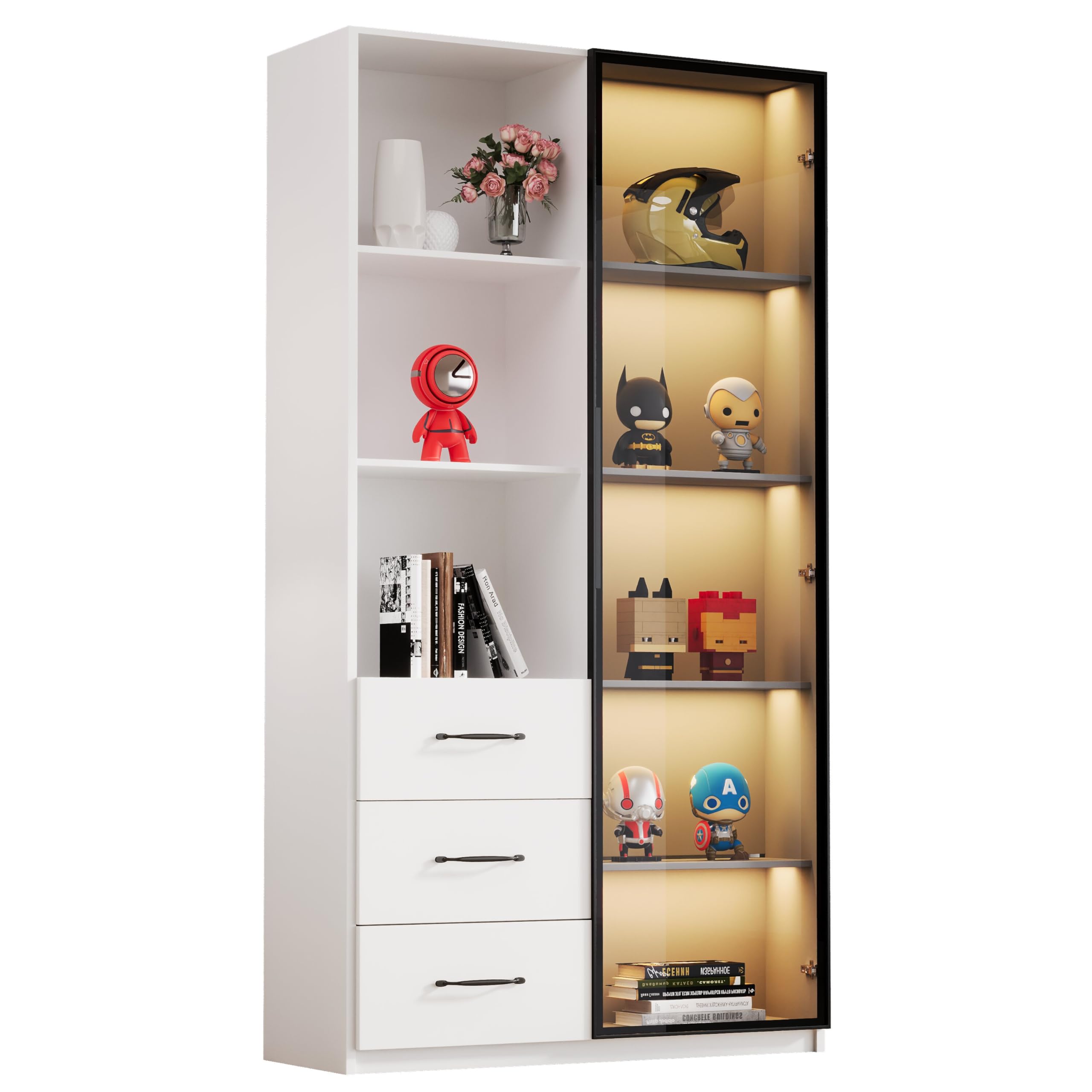 Vetrina con illuminazione LED 80 x 40 x 160 cm – Libreria con anta in vetro temperato e luci LED, 3 cassetti e 3 vani aperti, struttura in alluminio, LED multicolore (F)