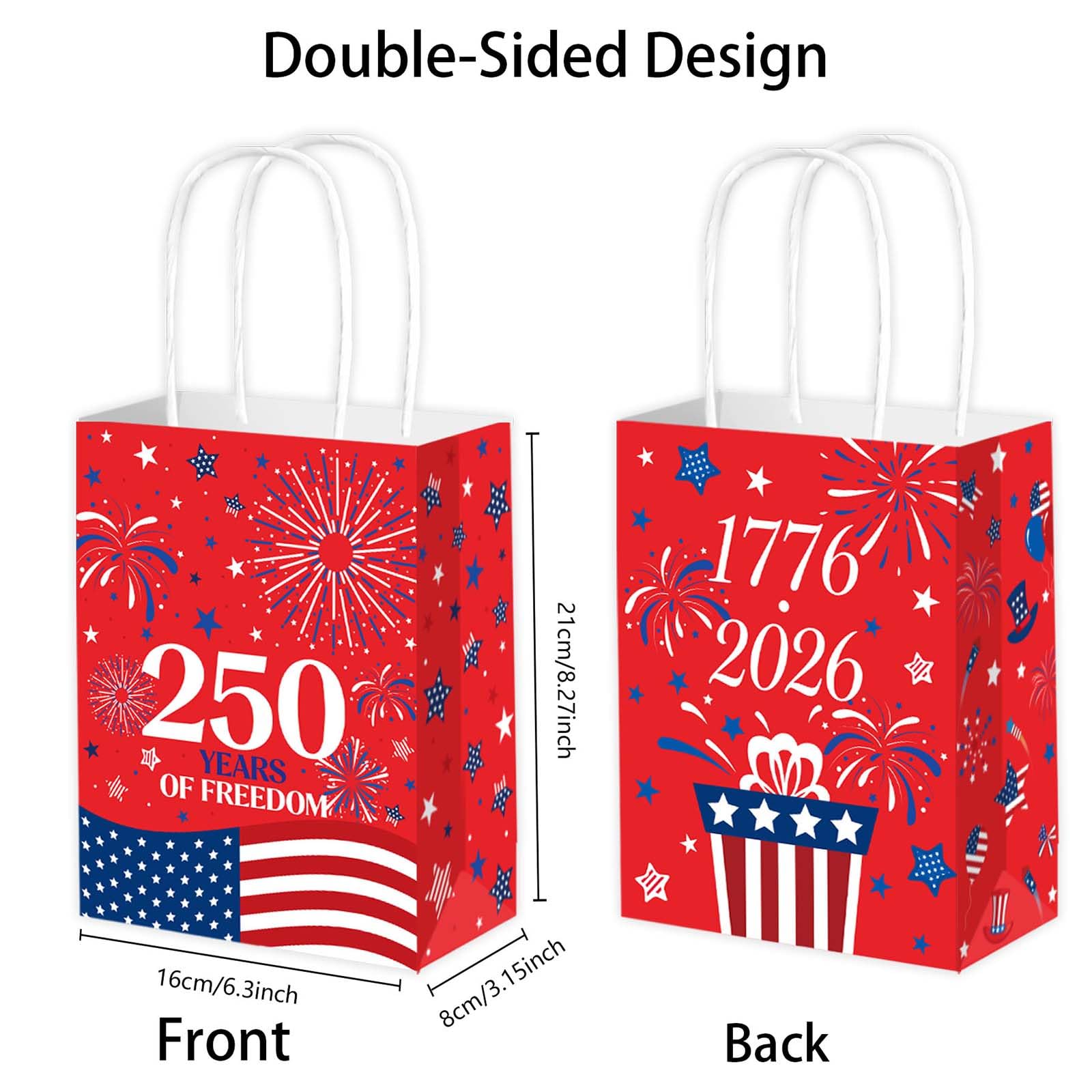 Qpout 12PCS 250th Anniversary Patriotic Gift Bags, Double Sided 1776-2026 Red White Blue Paper Bags with Handles, Bulk 4th of July Favor Bags for Independence Day, Memorial Day, Parades, Patriotic Holiday Party Supplies
