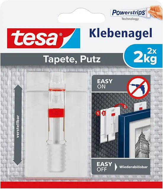 Tesa Clavo Adhesivo Set 2 Piezas para Paredes Texturizadas y Sensibles, 2 kg