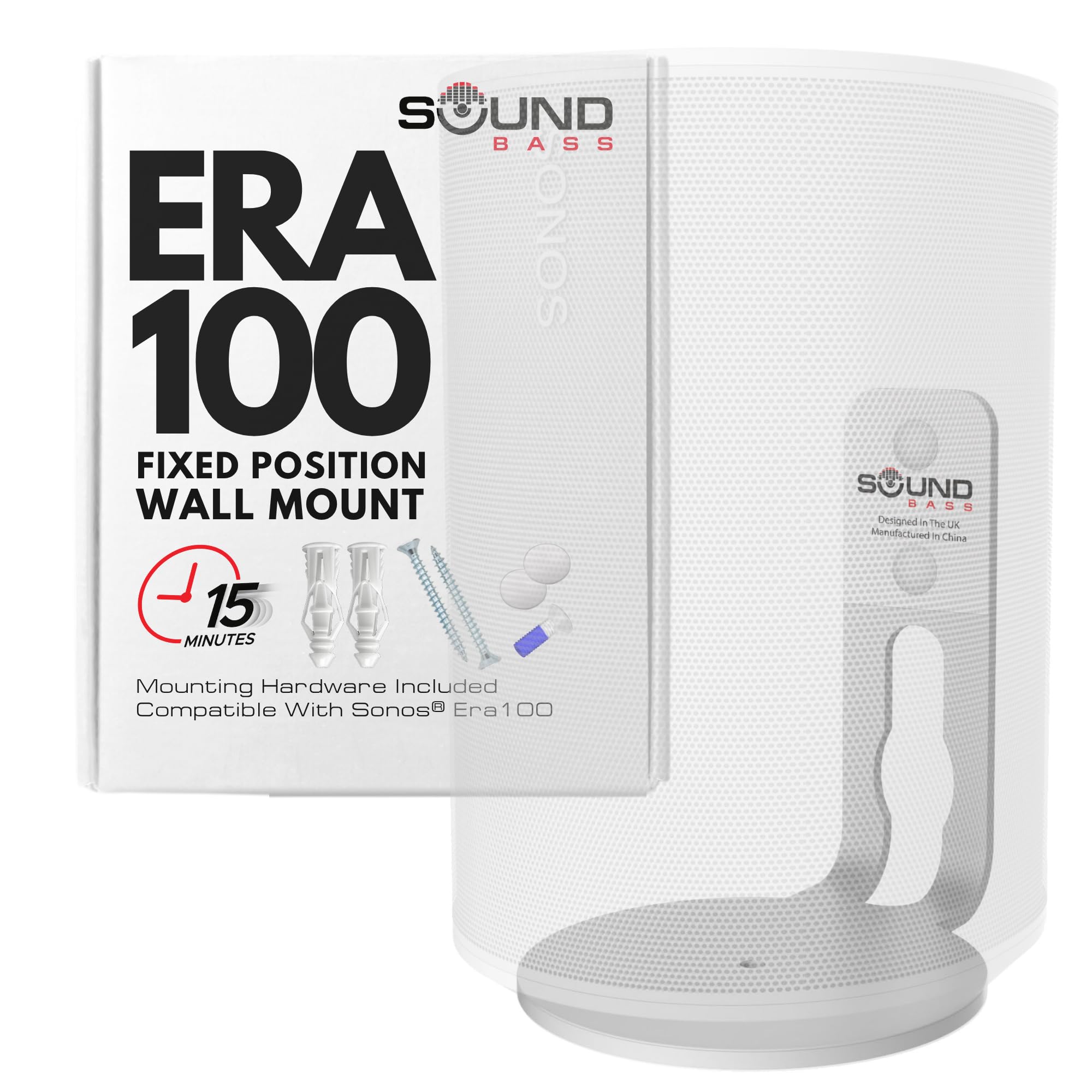 ERA100 Wall Mount Bracket, Low Profile, White, Single Unit, Compatible with Sonos ERA 100 Speaker, Complete with All Fixing Hardware
