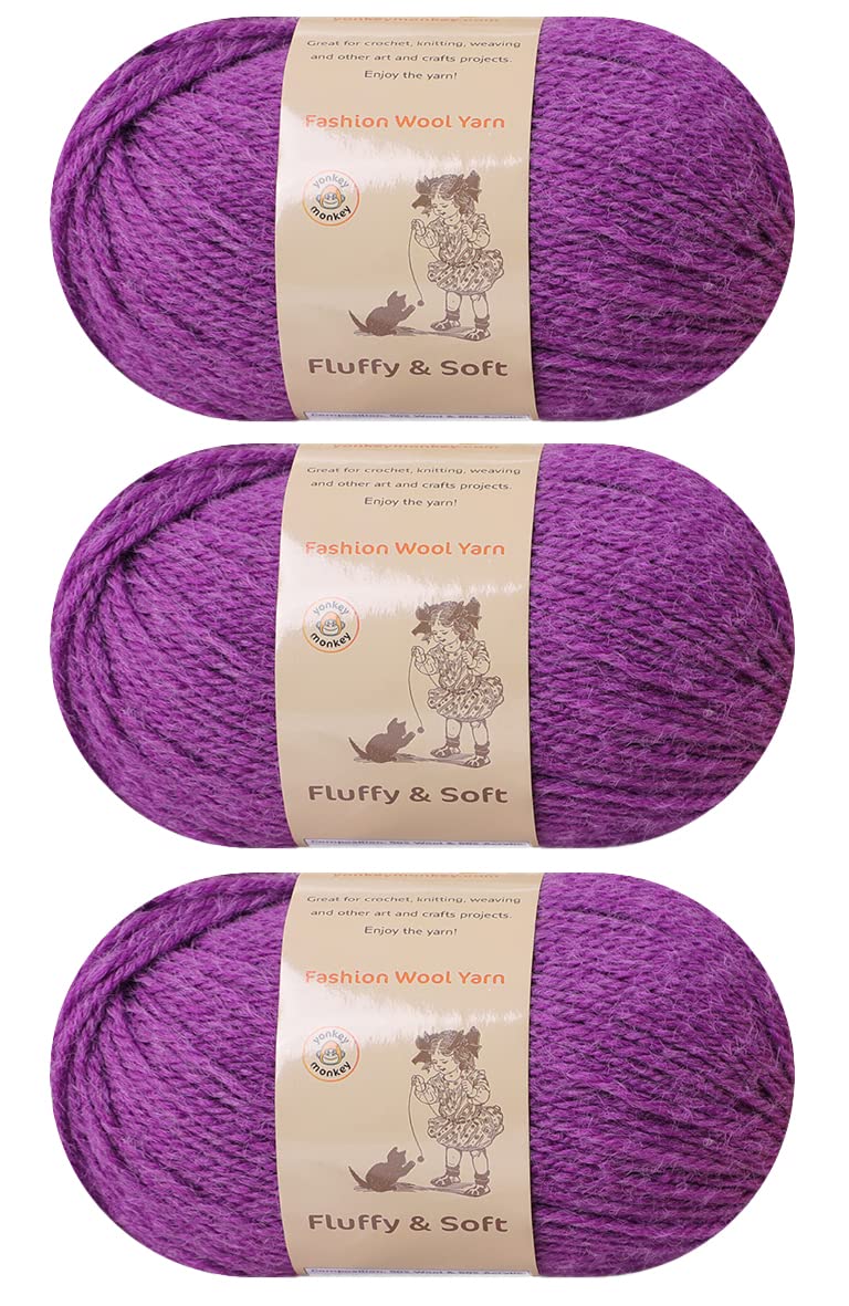 Puszysta włóczka wełniana firmy Yonkey Monkey, lekka i miękka. Szydełko, majsterkowanie, rękodzieło, 3-pak (Dream Purple 035)
