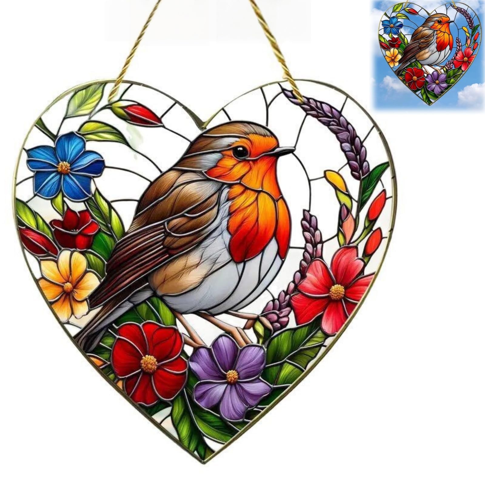 Heart Shaped Robin Stained Glass Sun Catcher Crystals Window Garden Decor | Colorful Light Refraction, Durable Acrylic, With Suncatcher Hanging Chain, 20x20cm Indoor & Outdoor Decor, Gift for Family-image-27