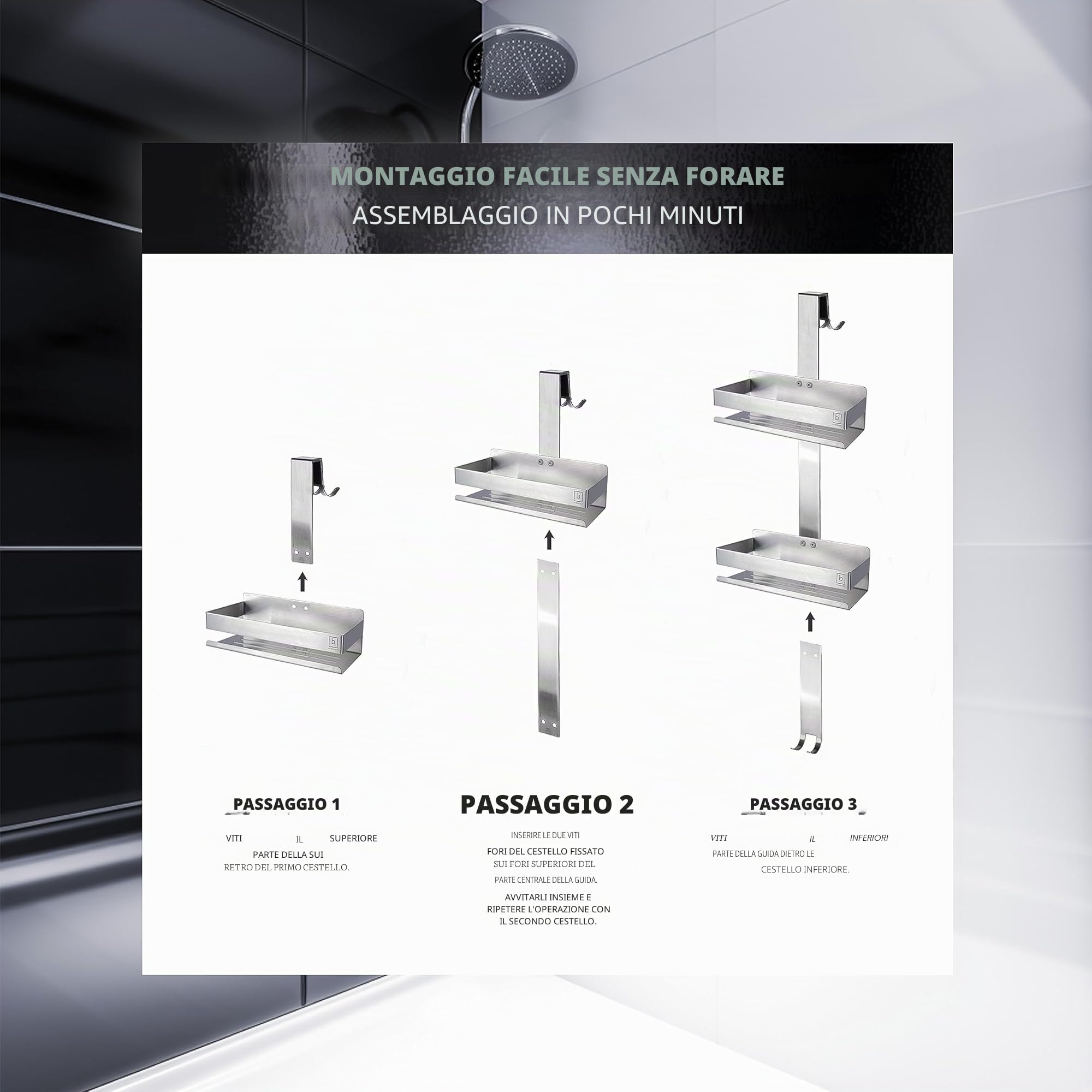 BENKSTEIN Mensola per doccia da appendere, in argento, con 2 cesti per doccia, da appendere, salvaspazio, cestino da doccia, in acciaio inox, supporto per shampoo per doccia