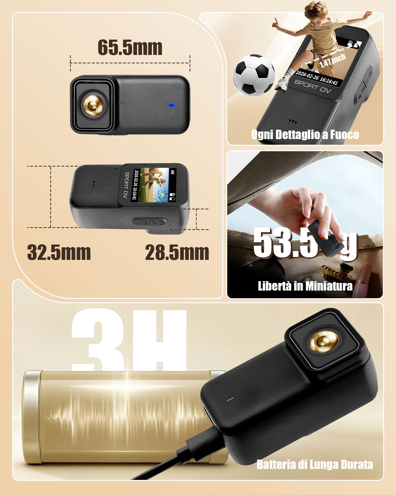 Action Cam 4K WiFi con Scheda TF 64GB, POV Camera con Cover Posteriore Magnetica, Body Cam Mini Impermeabile 30M, Telecamera per Casco Moto, Esterno e Vlog