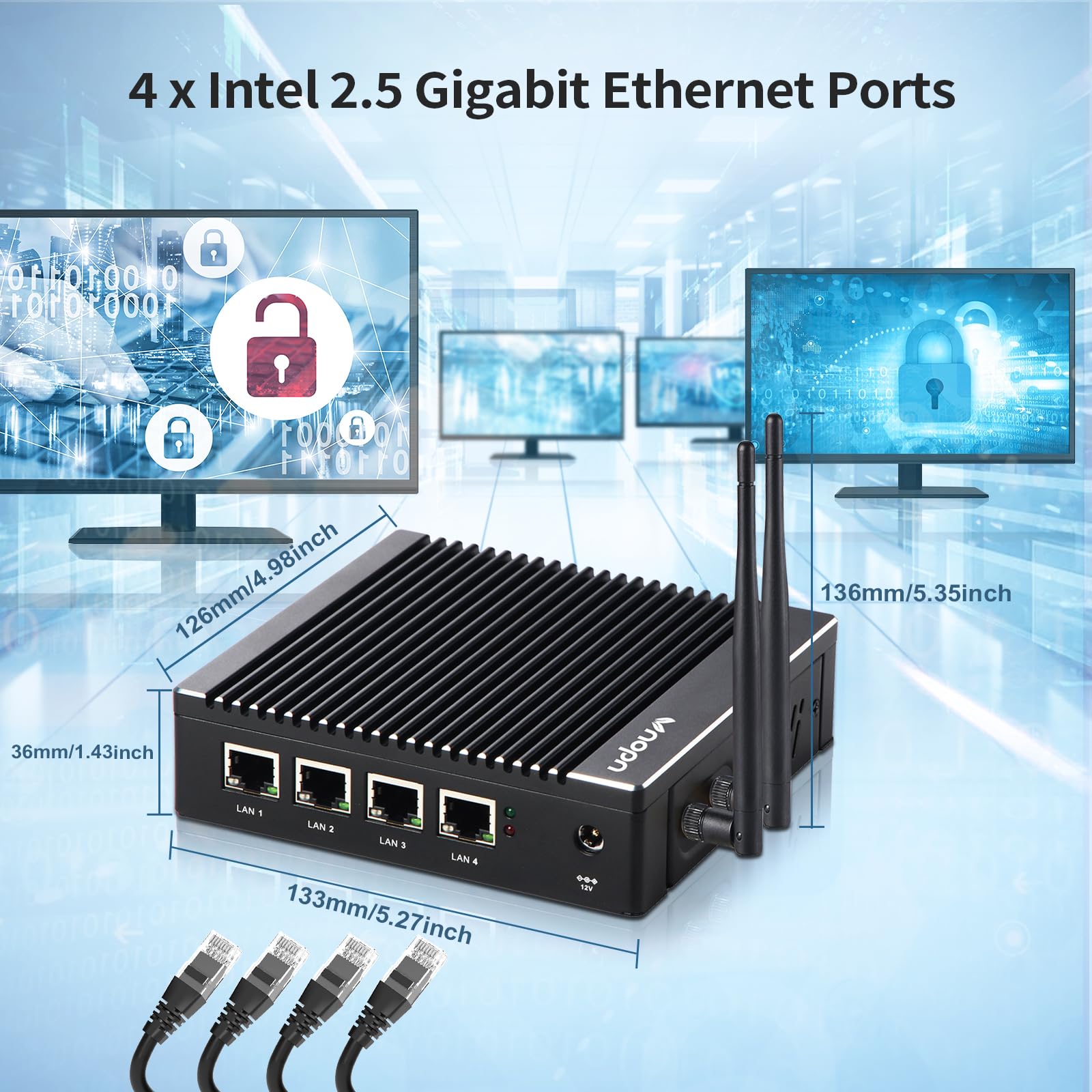 VNOPN Fanless Firewall Appliance Intel J3710 4C/4T, Firewall Mini PC 4 x Intel i226 LAN Ports DDR3 mSATA SSD, Network Gateway Soft Router, Support P-F-Sense AES NI HD/VGA/Wi-Fi (): 8G 128G