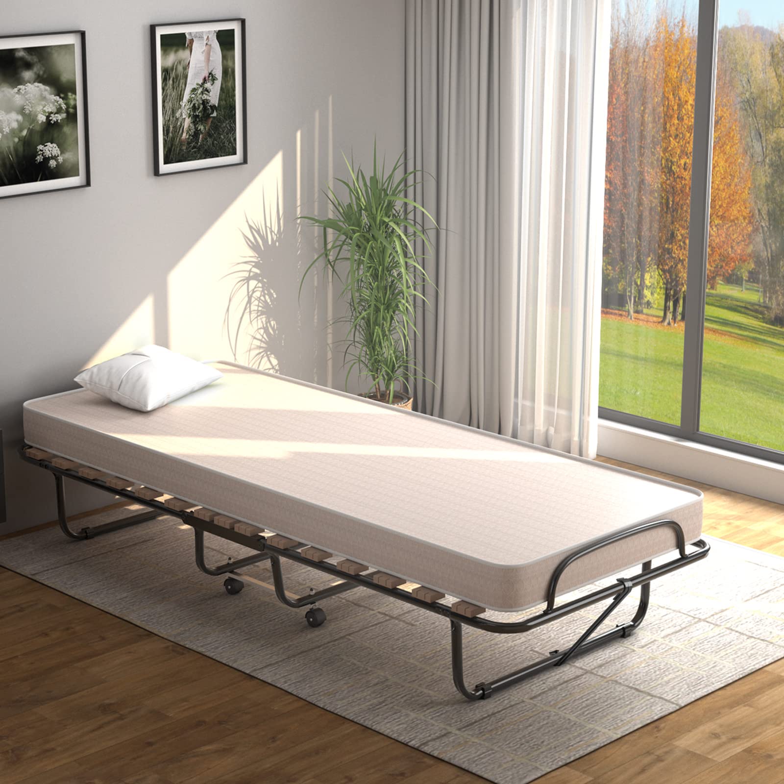 GIANTEX Letto Pieghevole, Singolo con 4 Ruote, 4 Gambe in Mettallo, Fibbia Fissata, 80 x 190 cm, Materasso di 10 cm, Ideale per Viaggio e di Riserva