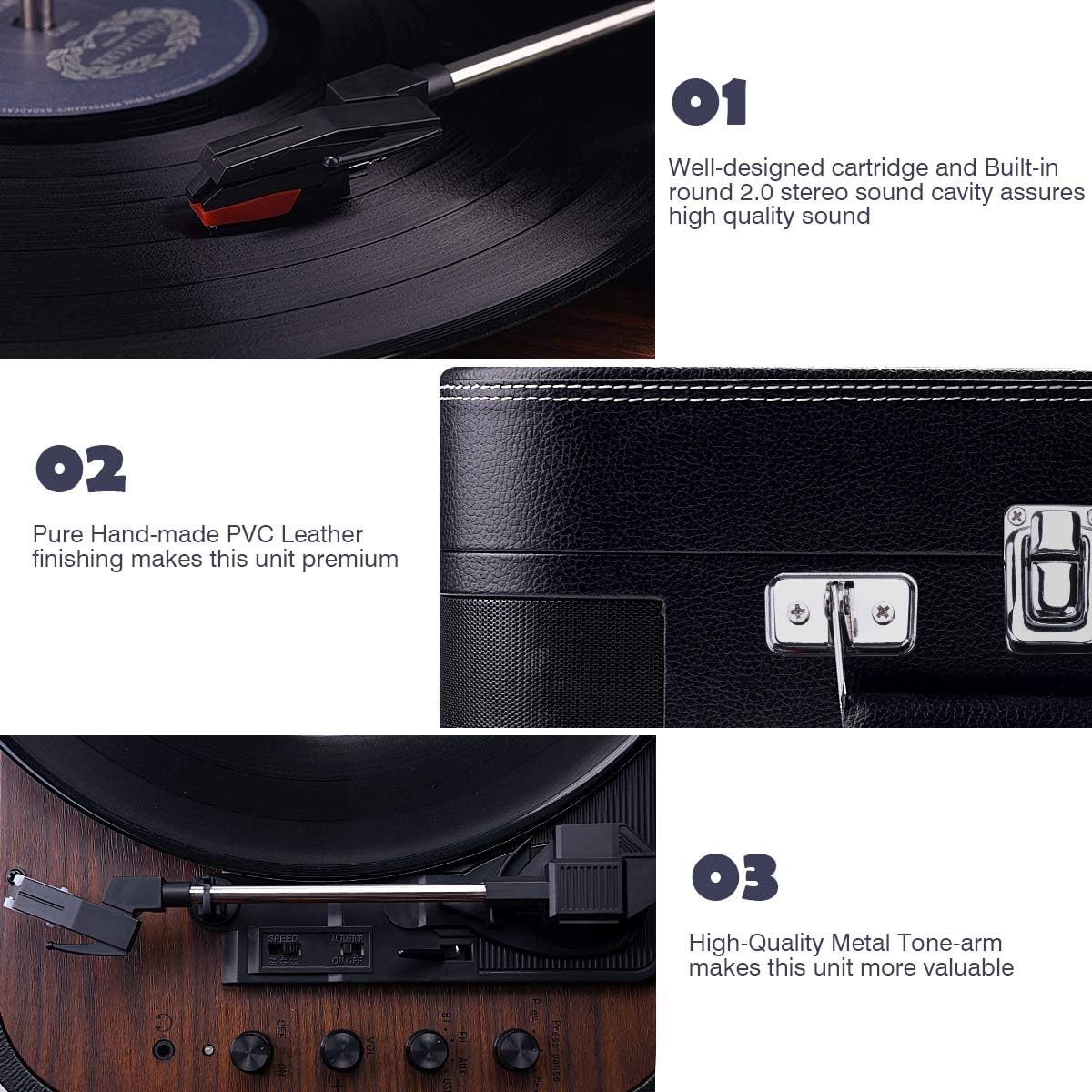 Platine Vinyle VOKSUN Bluetooth - Tourne-disque Portable 3 Vitesses - Haut-parleurs Intégrés - Style Rétro Brun
