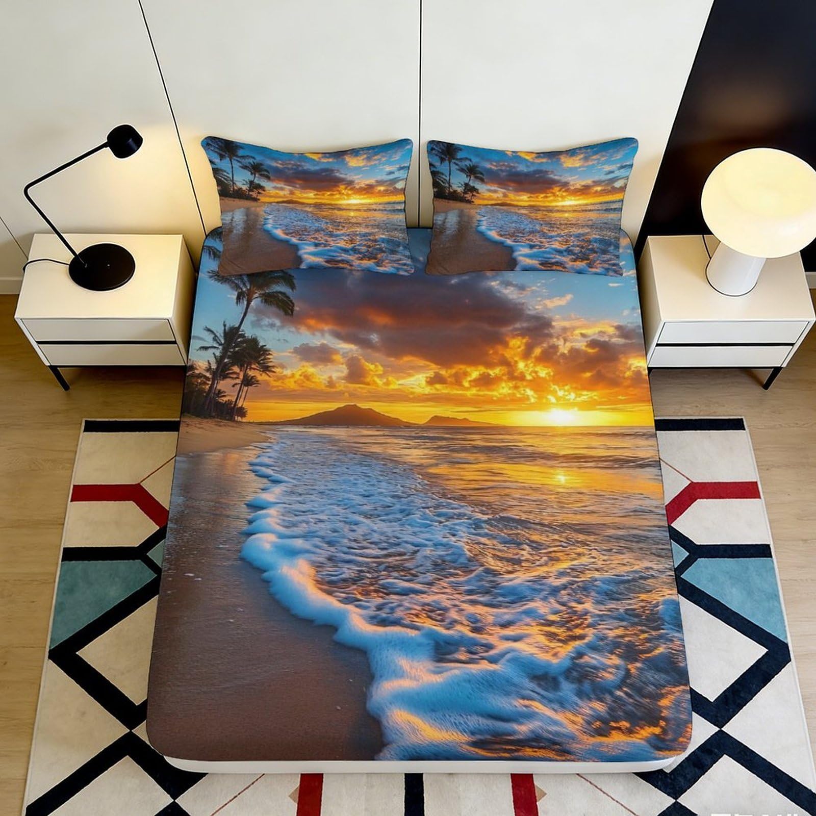 3D Printed Sunset Beach Fitted Sheet Microfiber Soft Anti-slip Ocean Waves Mattress Cover Bedroom Decor 140x200x25cm