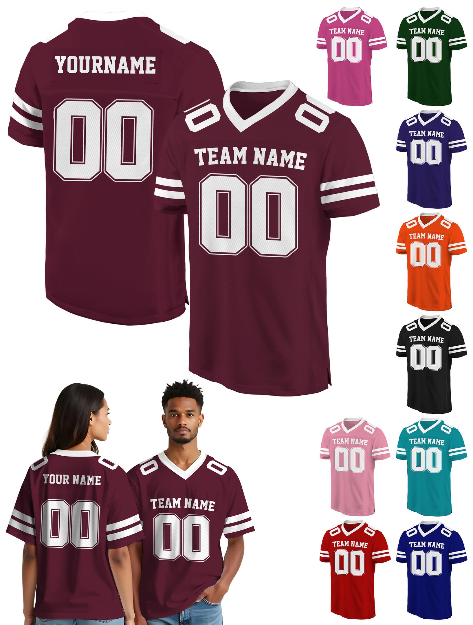 Custom Football Jersey - Personalized Name, Number & Logo, Customized Maroon Jerseys for Men, Women, Youth, Toddlers