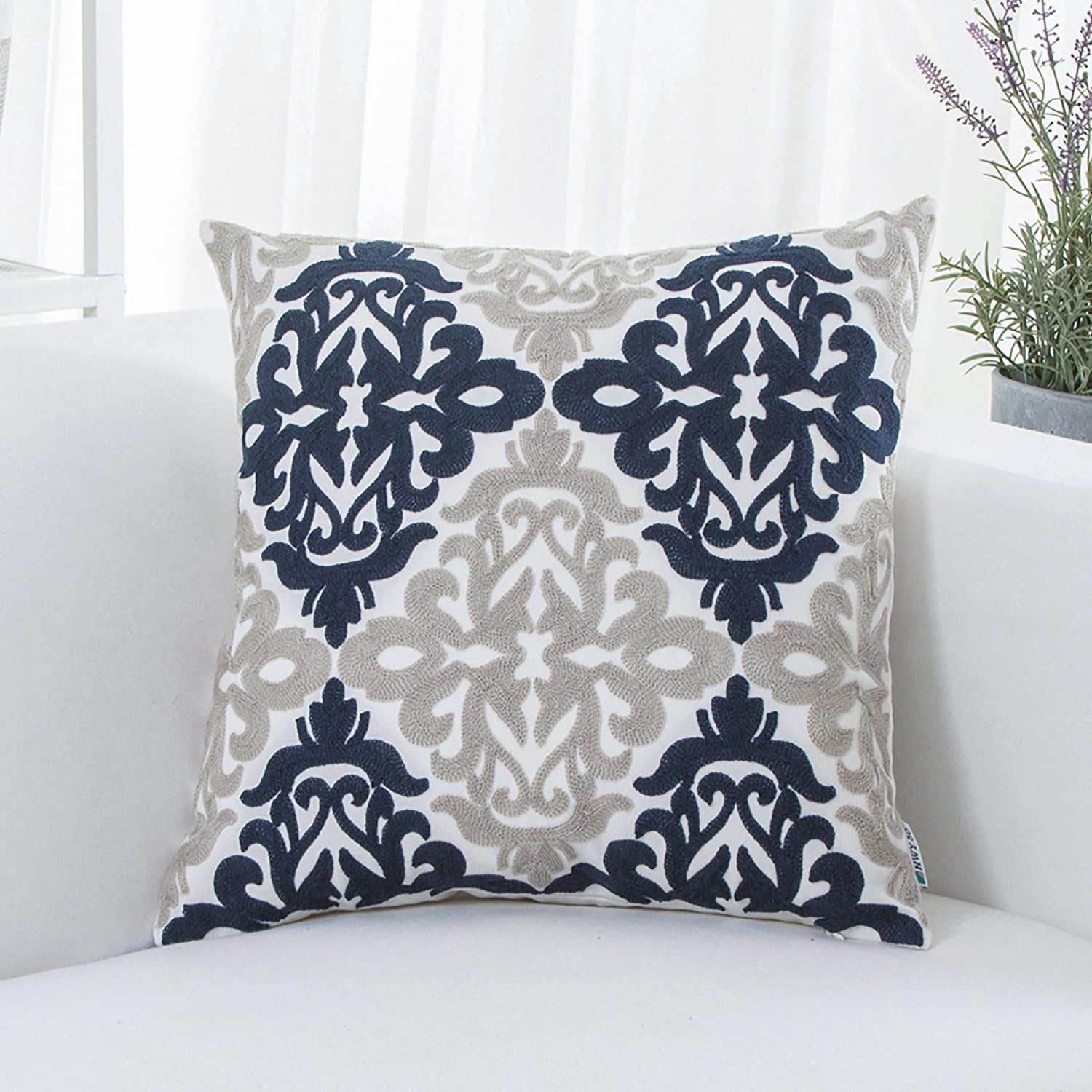 HWY 50 Navy Blue Decorative Throw Pillow Covers 18x18 Inch (1 Piece), Embroidered Cotton Farmhouse Cushion Cover Pillow Case for Sofa Couch Living