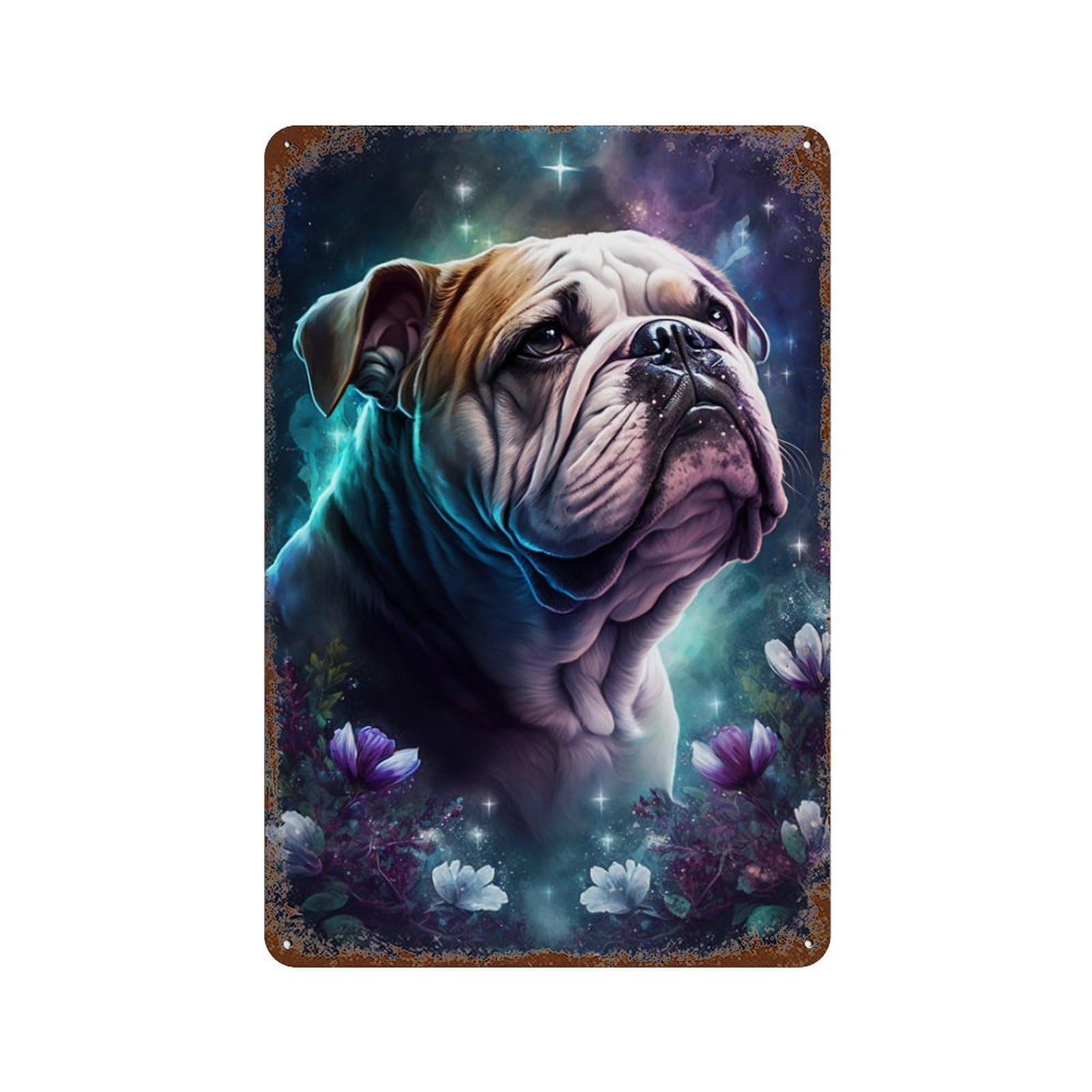 Fantasy Bulldog with Flowers Weathered Tin Sign 11.8"x7.9", Rustic Home Decor for Garage, Pub Or Kitchen