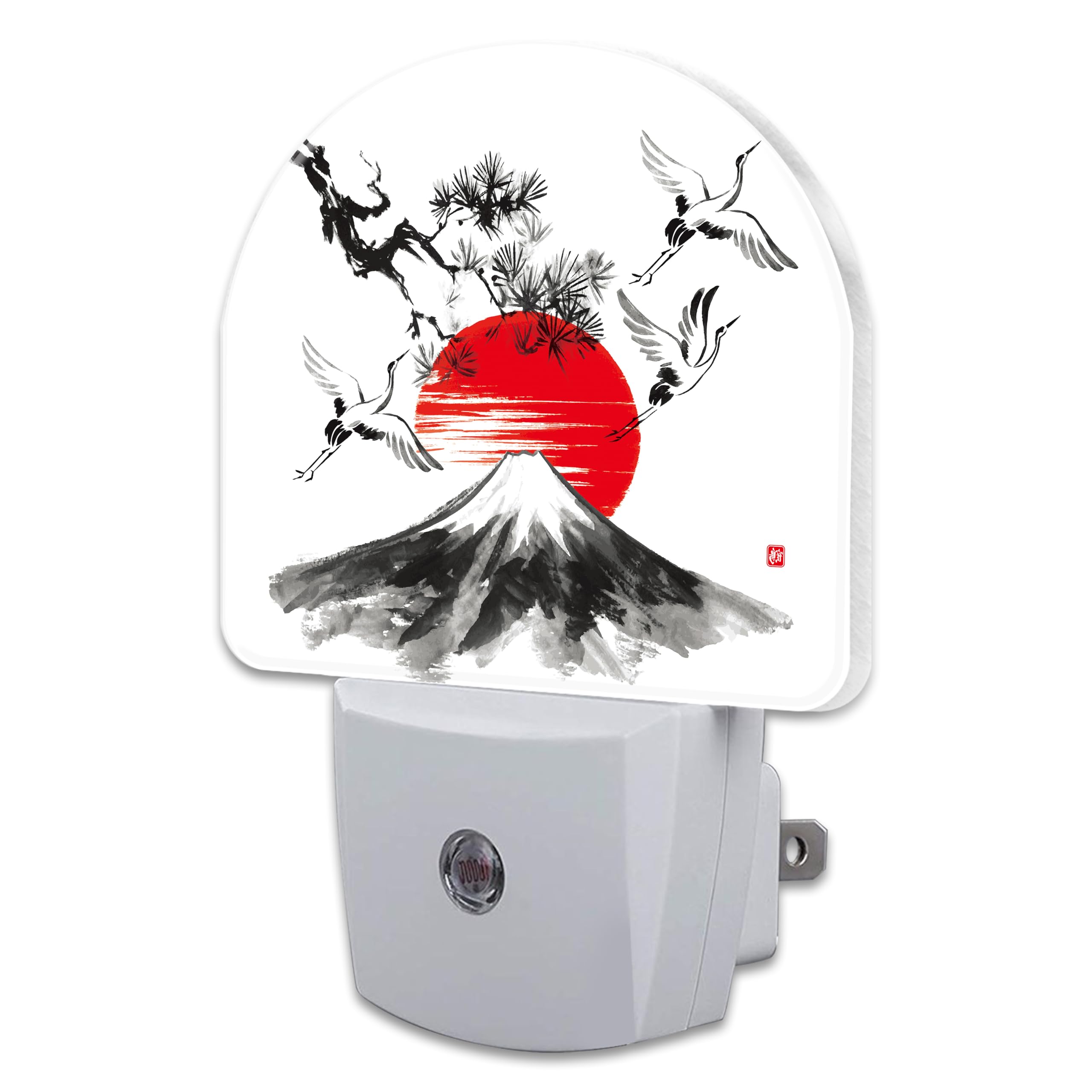 Red Sun Fuji Mountain and Storks Night Light Plug into Wall, Ink Landscape Painting Dusk to Dawn Night Light Plug in,0.5w Energy Saving Sleep Friendly NightLight for Kids Boys Girls Home Decor