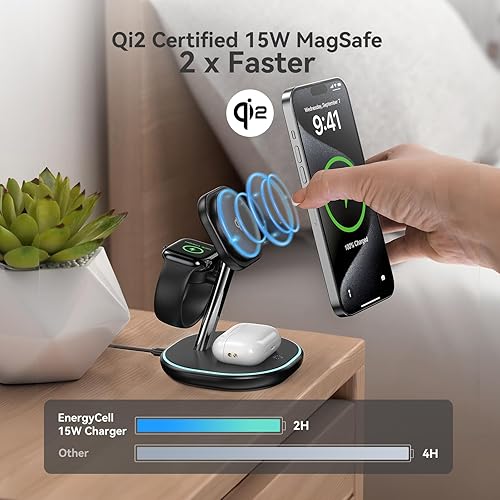 Miniatura 2 de Qi2 Estación de carga inalámbrica 3 en 1, cargador inalámbrico rápido certificado de 15 W para iPhone 161515 Pro141312, Apple Watch, AirPods,