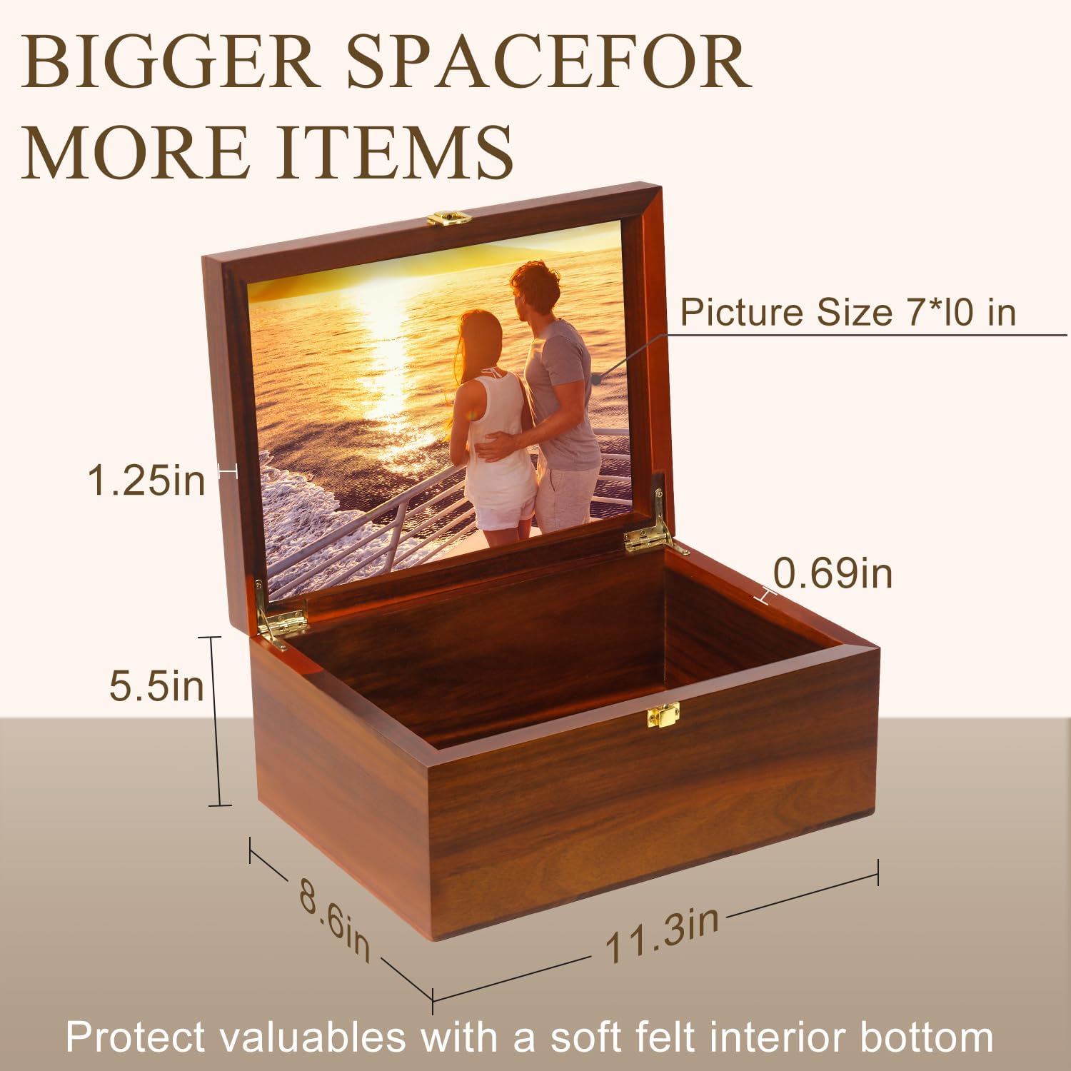 Large Wooden Keepsake Box with Hinged Lid and Photo Frame - Elegant Wedding Memory Box, Ideal for Photos, Letters, Time Capsules, Bride Gift, Decorative Storage，5.5“*8.6”*11.3“ - Image 6