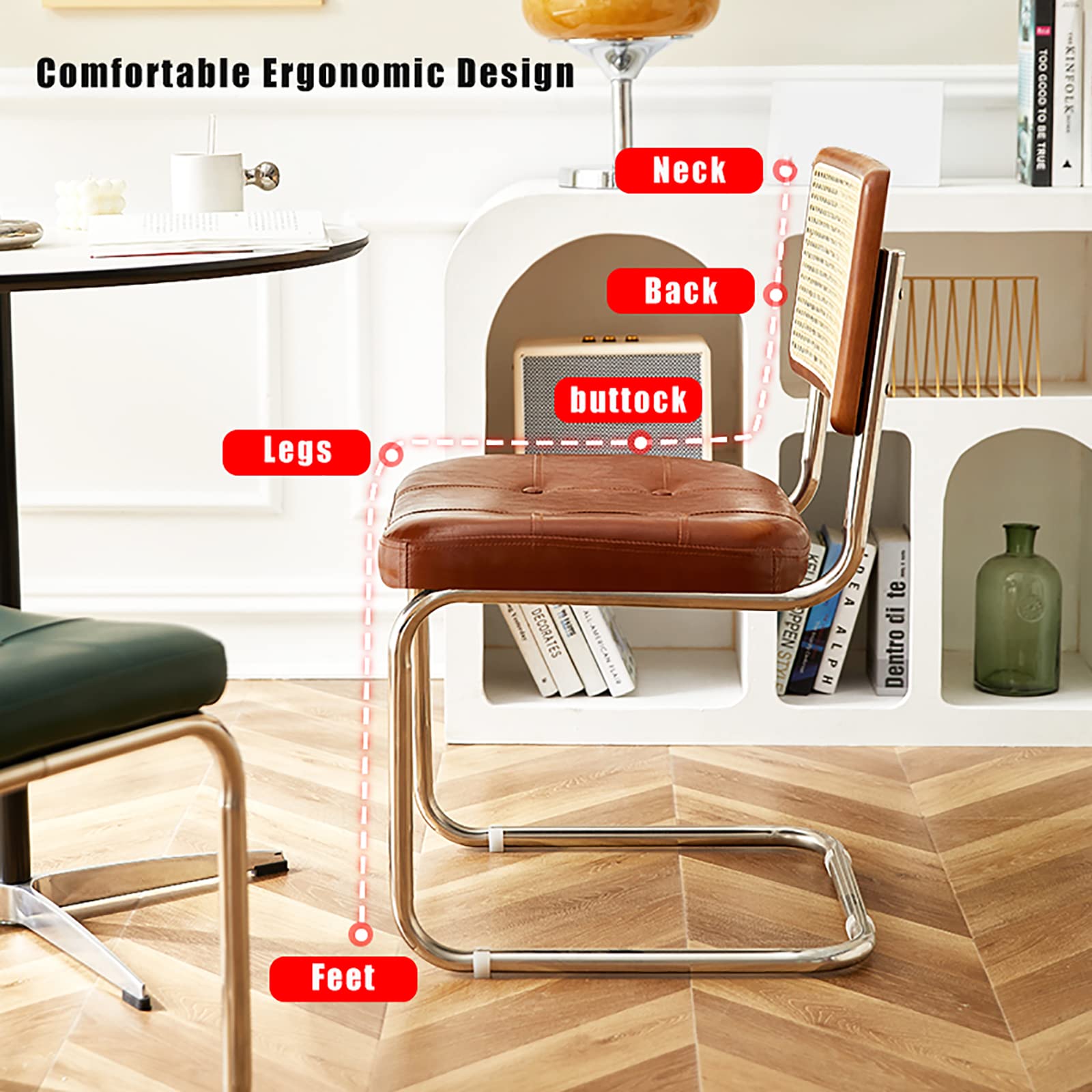 Mid Century Rattan-Stuhl-Set, 2 gepolsterte Esszimmerstühle mit Rückenlehne und Metallbeinen für Küche, Esszimmer, moderne Kaffeestühle