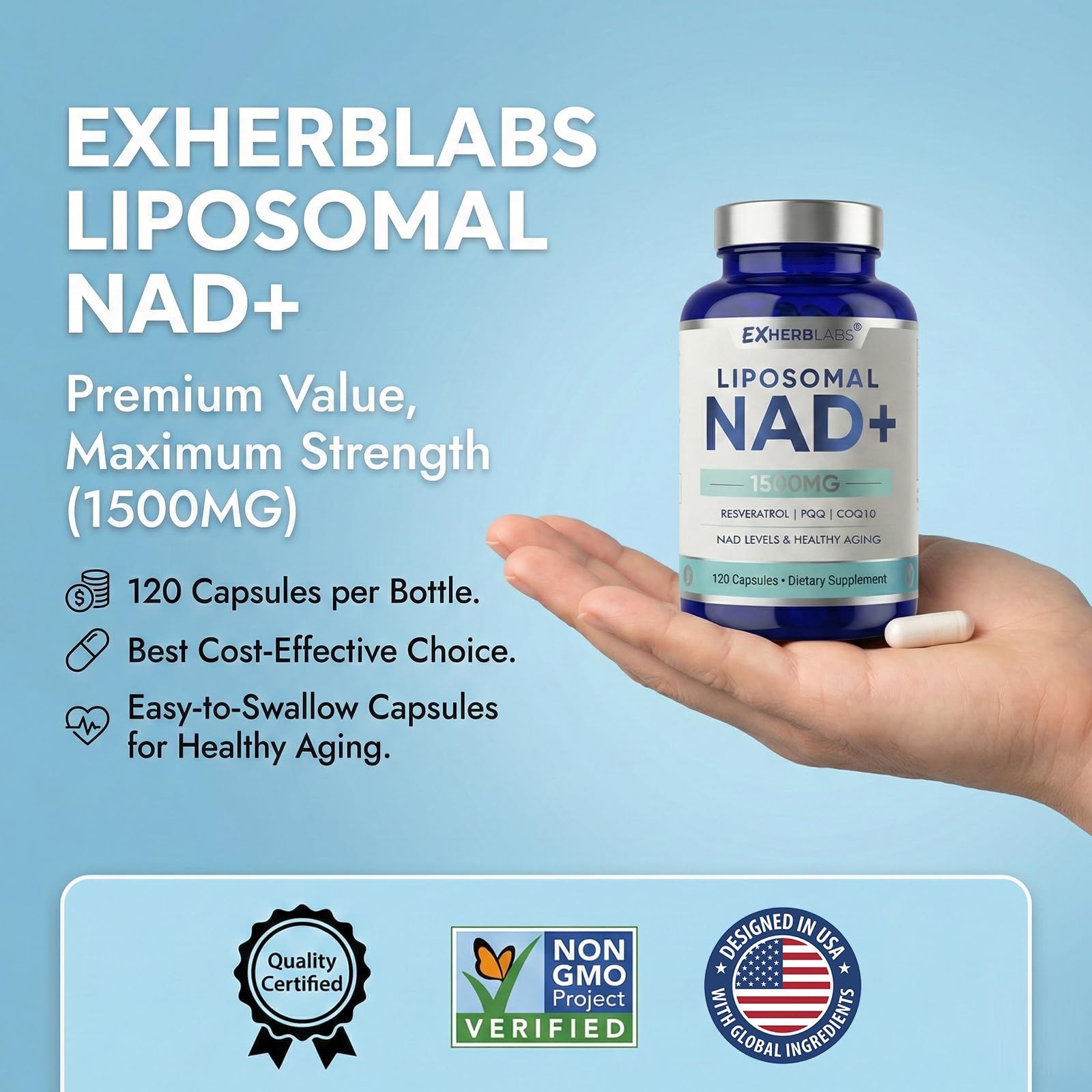 NAD+ Supplement 1500 mg, with Resveratrol & COQ10, 120 Capsules — Amazon image 7