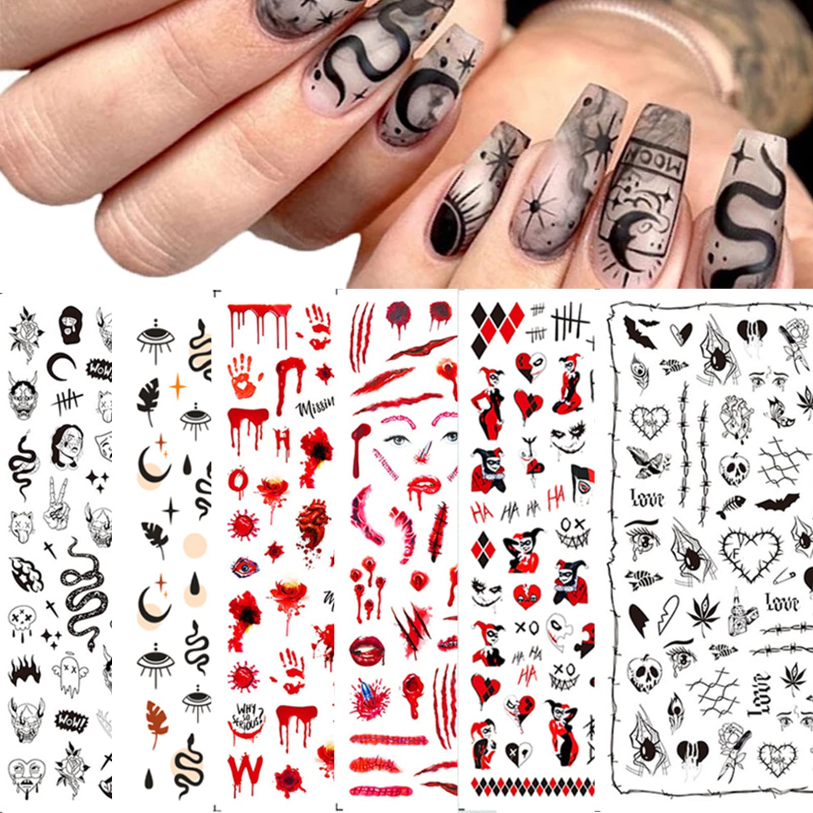 Halloween Nail Art Stickers Black Snake Nail Stickers Halloween Nail Art Supplies Decals 6PCS Horror Snake Blood Scratches Clown Eyes Halloween Nail Decorations for Women Girls DIY Nail Art Designs