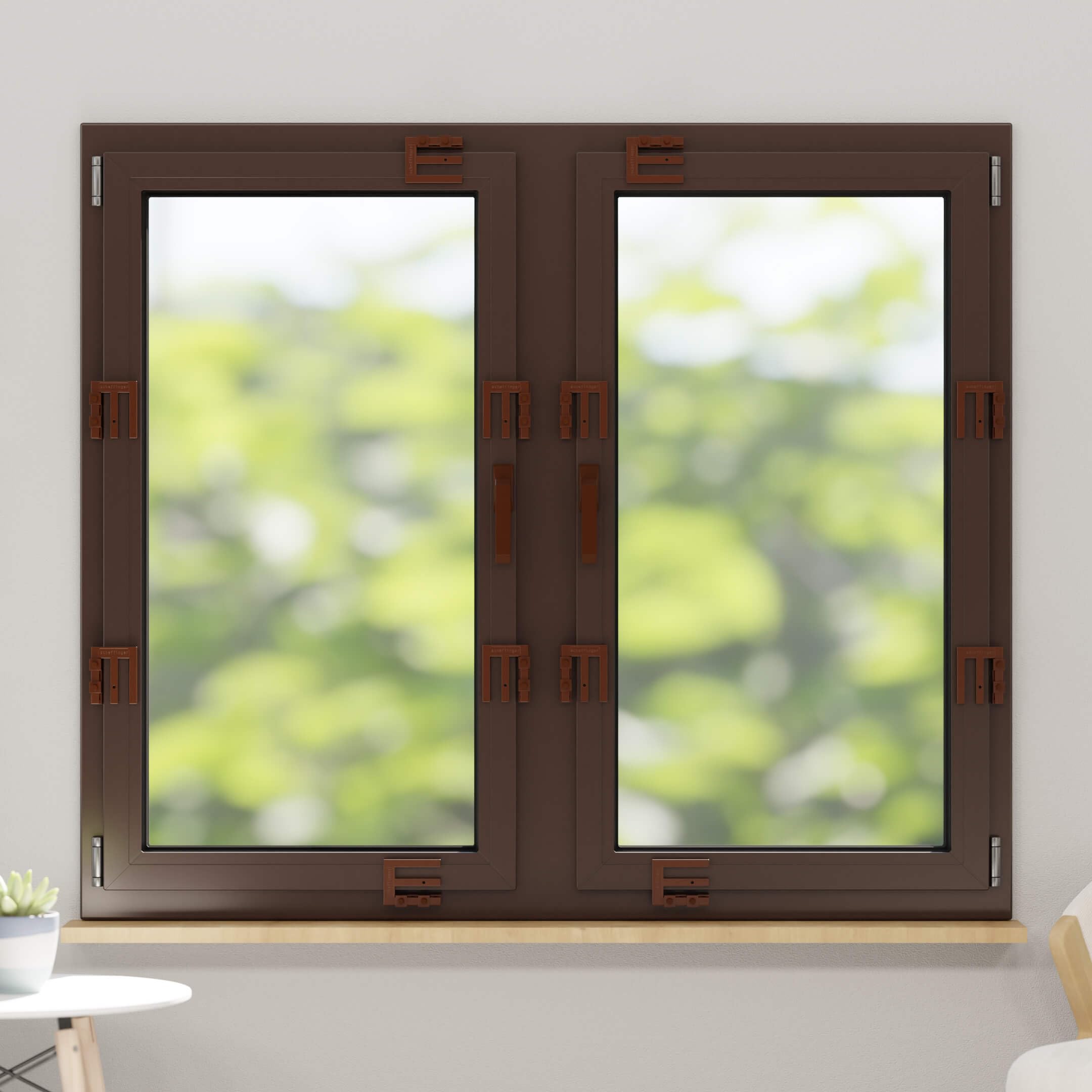 EM3 Sepiabraun, Fenstersicherung für Fenster oder Türen aus Kunststoff/Holz/Aluminium, Einbruchschutz DIN zertifiziert, hochwertiger massiver Stahl, Schutz gegen Einbruch, 2er Set